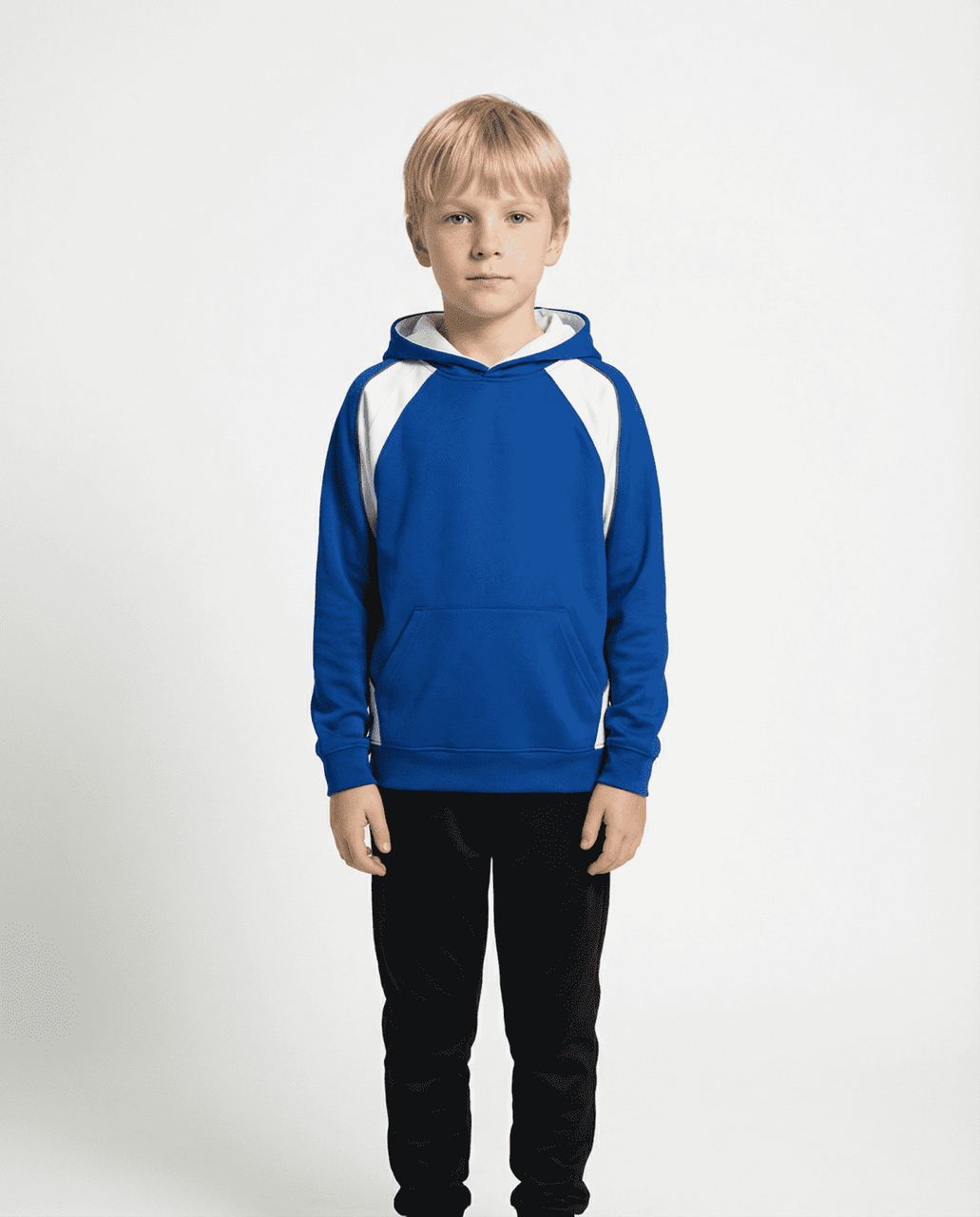 A blue hoodie with white accents, featuring a kangaroo pocket, worn by a child standing against a plain background.