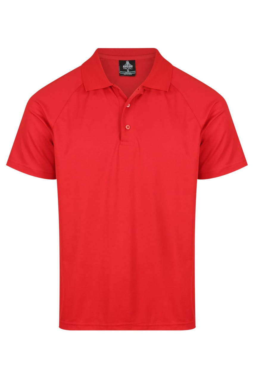 A red polo shirt with a classic collar and three buttons, featuring a logo on the upper area.