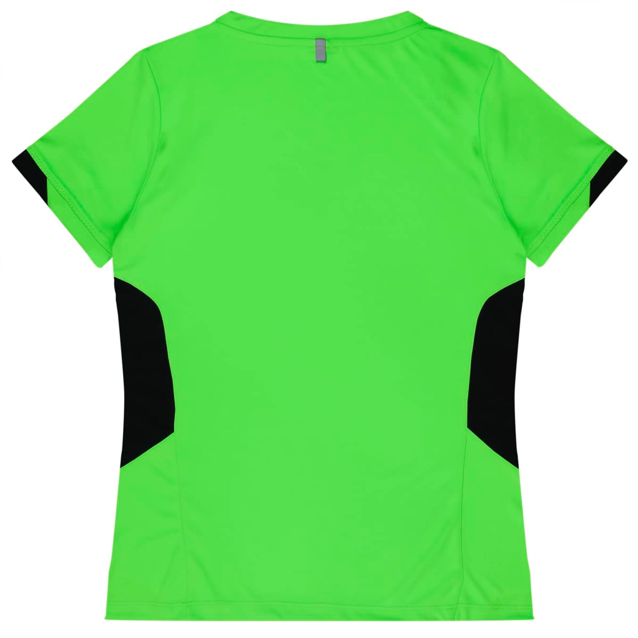 A short-sleeved t-shirt in vibrant green with black side panels and a logo.