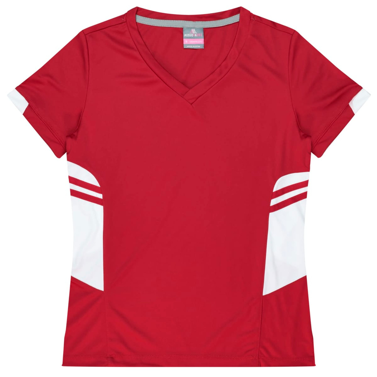A red T-shirt featuring a V-neck design and white side panels. The shirt includes a logo on the label.