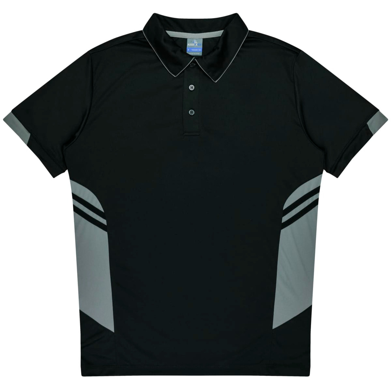 A black polo shirt featuring grey panels and a collar, with a logo on the chest area.