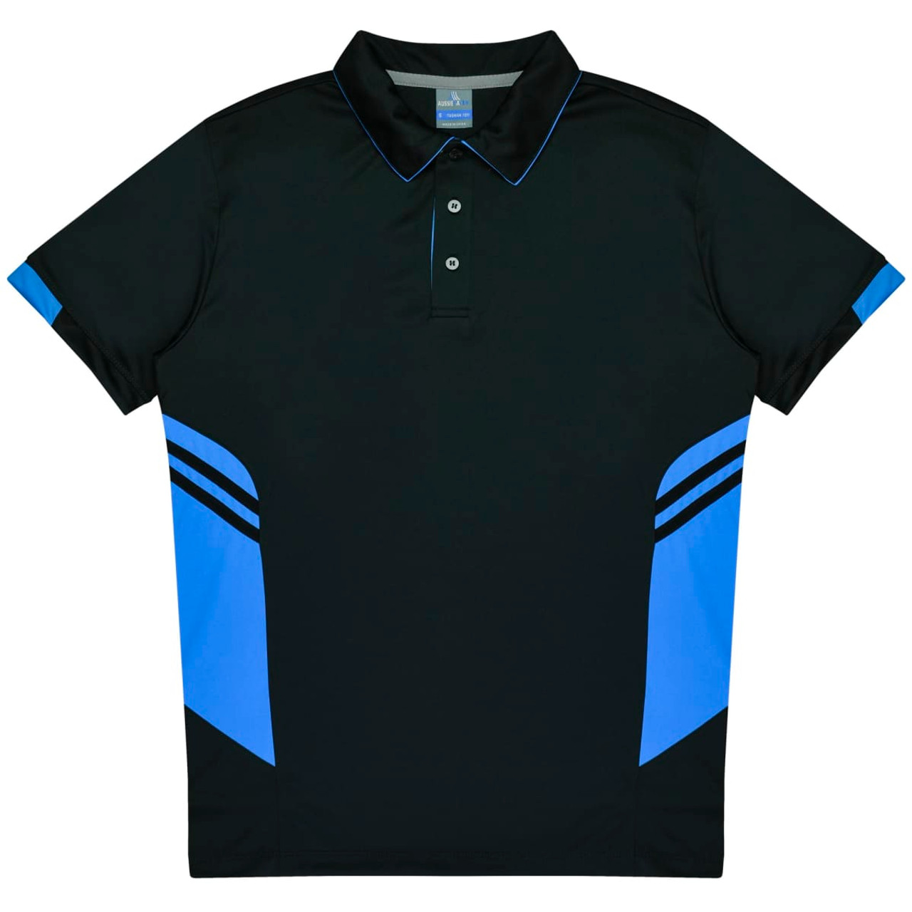 A black polo shirt with blue accents and a branded logo on the front. Suitable for kids.