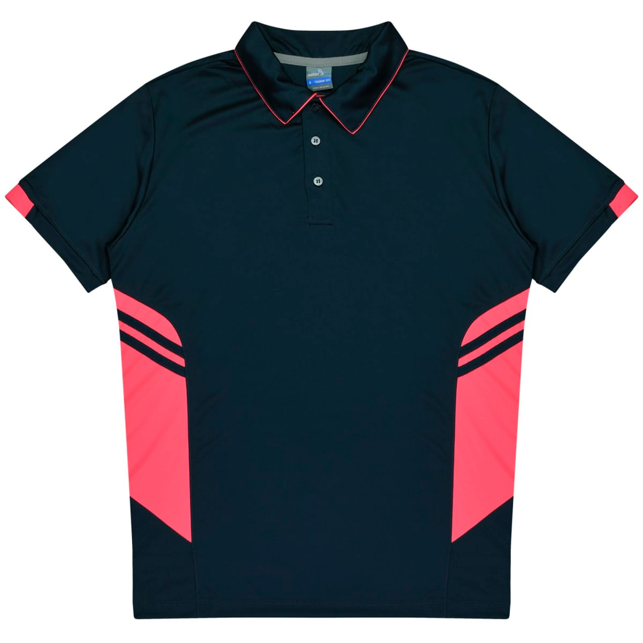 A navy polo shirt with pink accents and stripes, featuring a collar and button placket. It has a logo on the front.