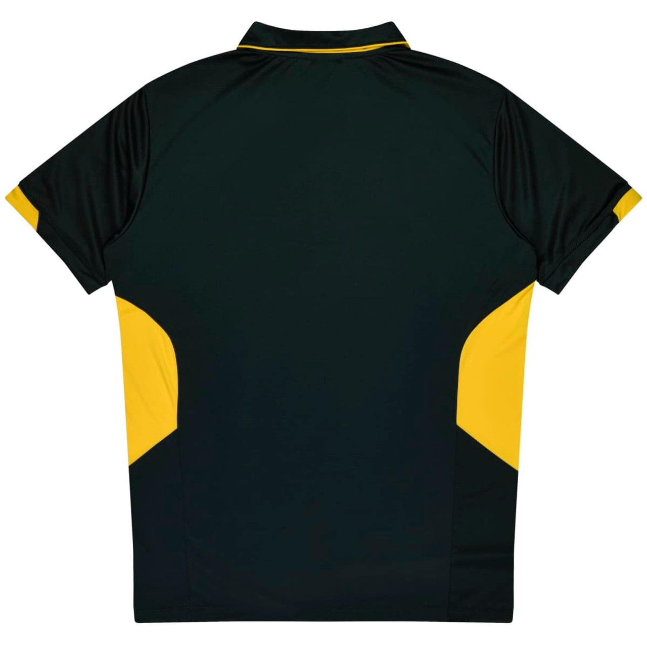A dark green polo shirt with yellow accents on the sides and a collar. Includes a branding logo.