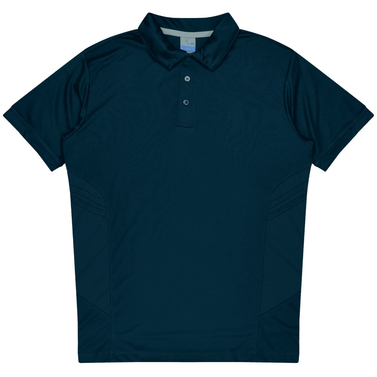 A dark teal men's polo shirt with a classic collar and subtle side detailing, featuring a logo.