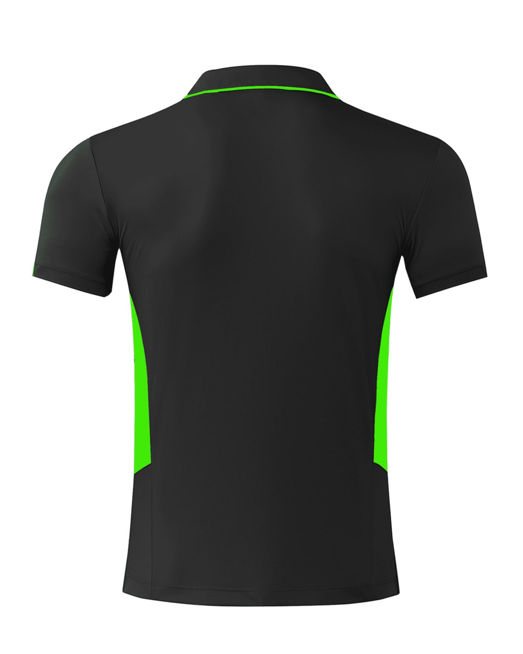 A black polo shirt with green side accents and a logo on the back.