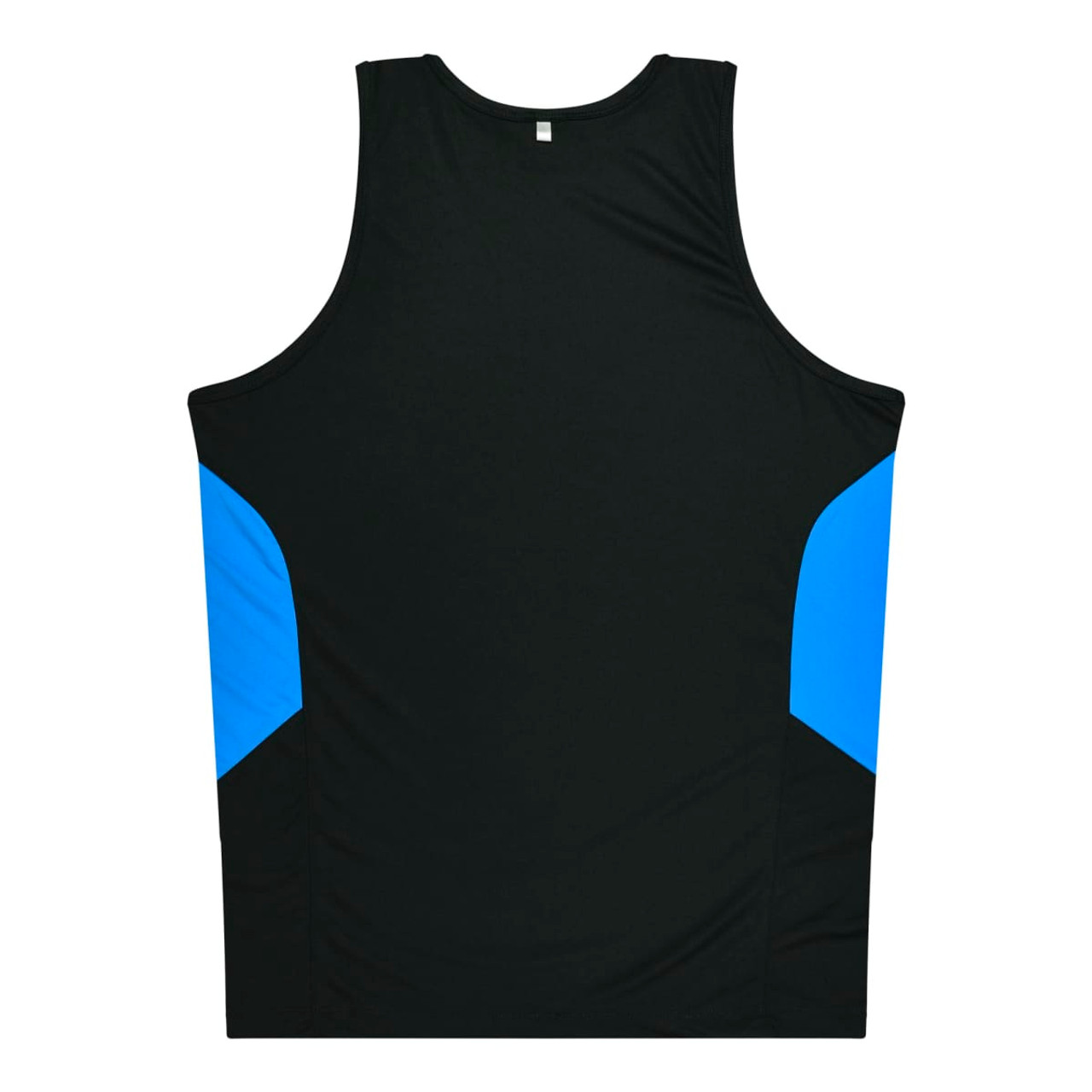 A black singlet featuring blue side panels, designed for kids, with a logo on the back.