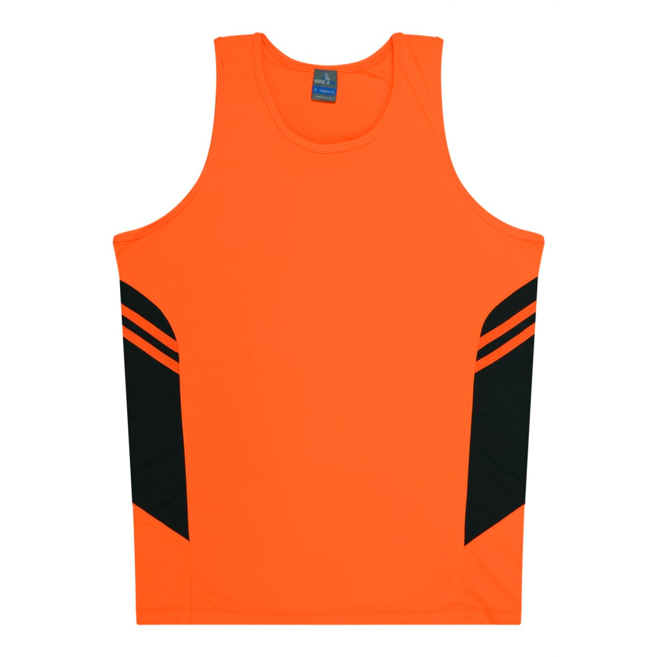 An orange singlet featuring black side panels and a logo on the front. Ideal for kids' casual wear.
