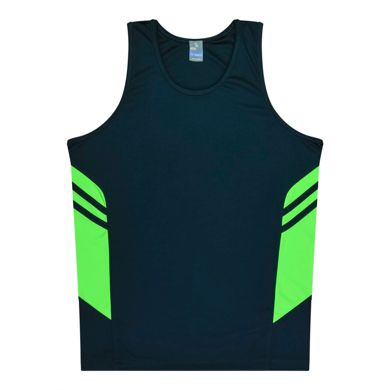 A navy singlet featuring bright green panels and stripes, designed for kids, with a logo.