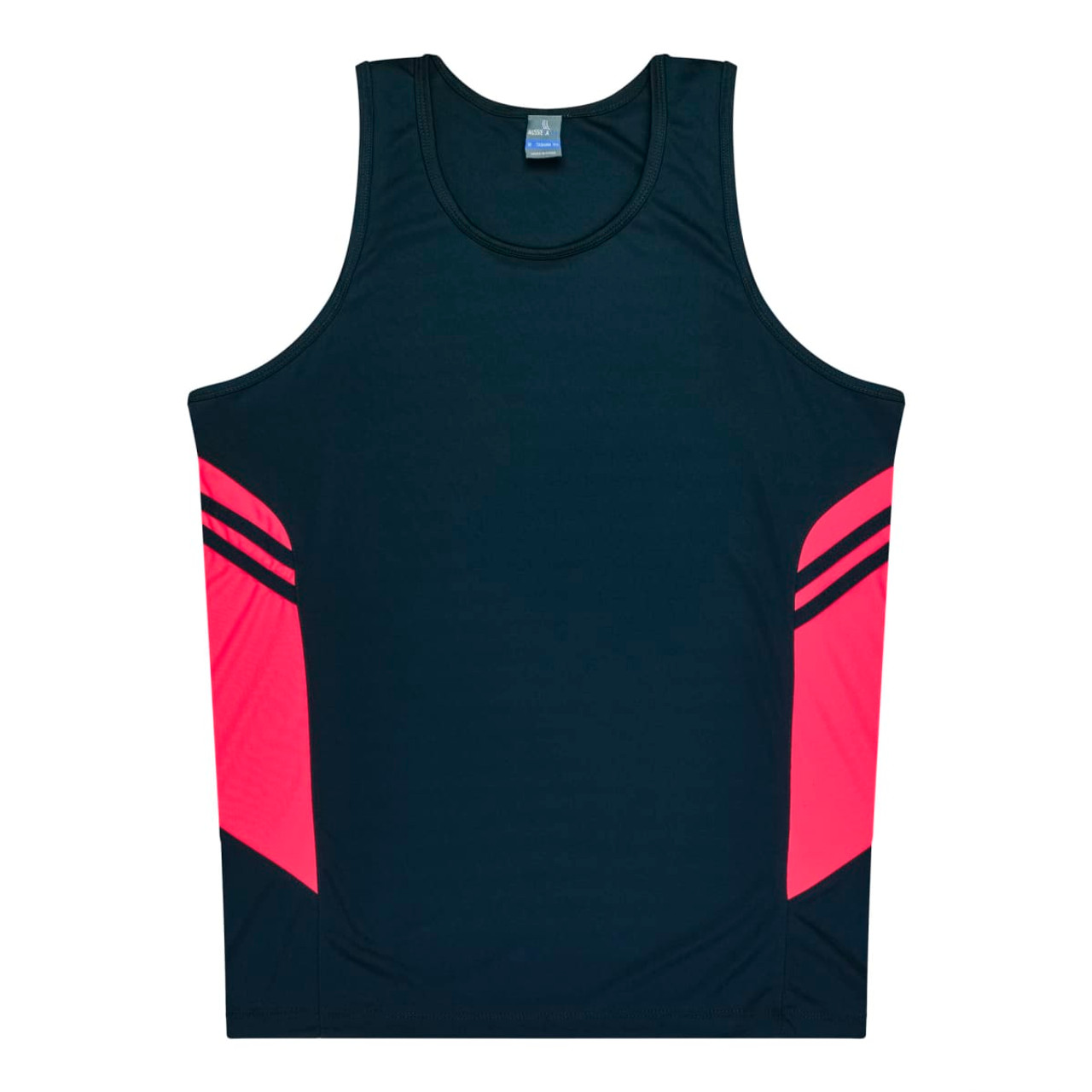 A dark navy singlet with bright pink side panels and a branding logo on the label.