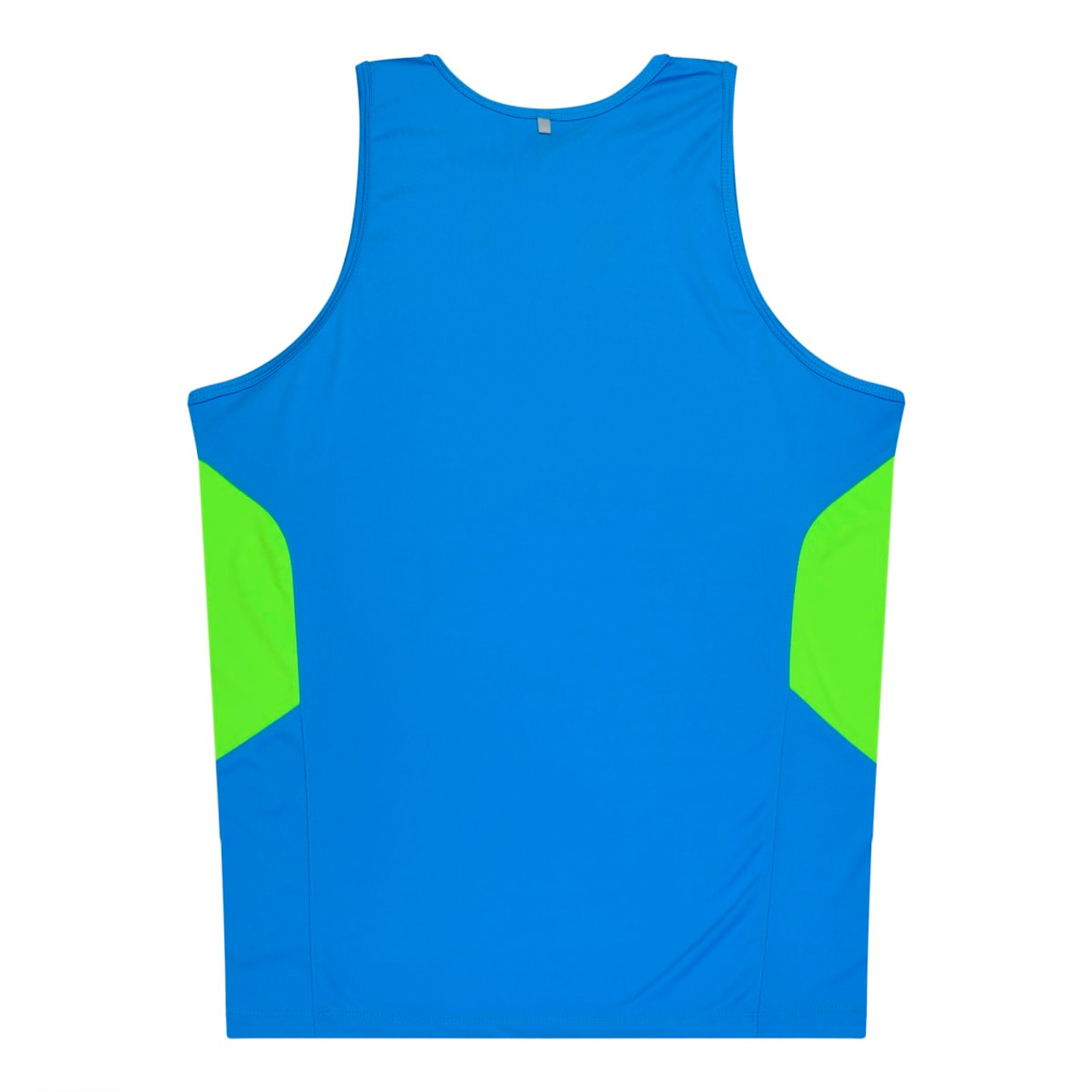 A blue singlet with green side panels and a small logo. Ideal for active wear.