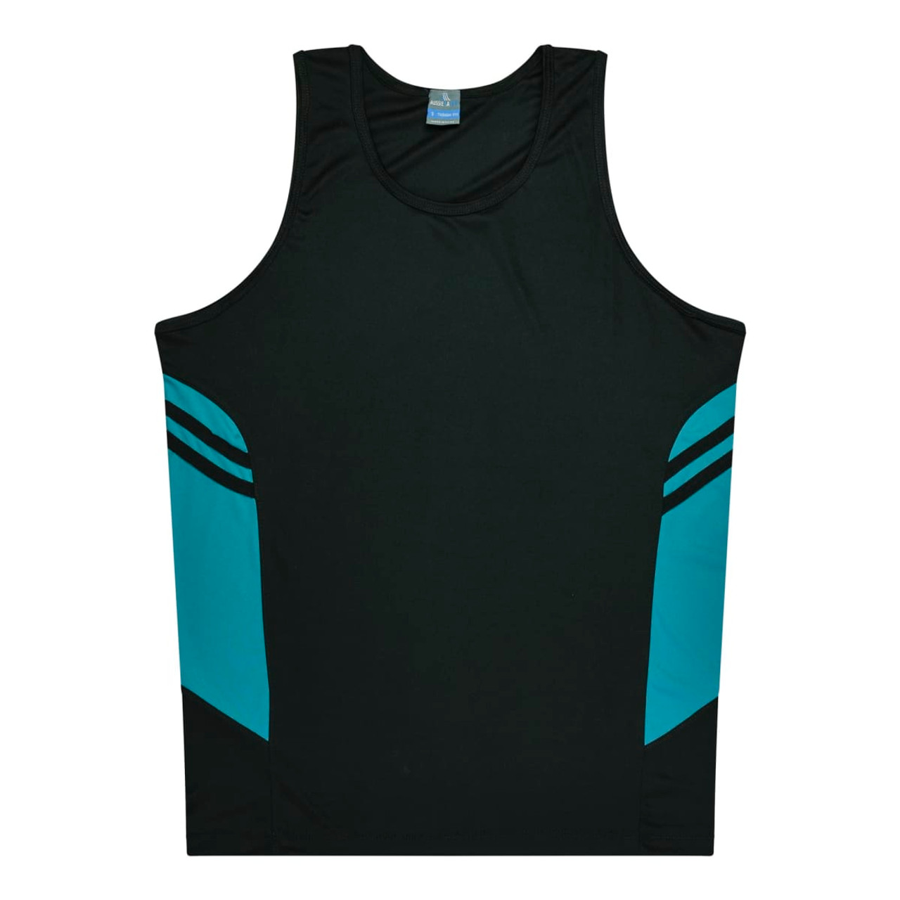 A black singlet featuring teal accents on the sides and a logo on the front.