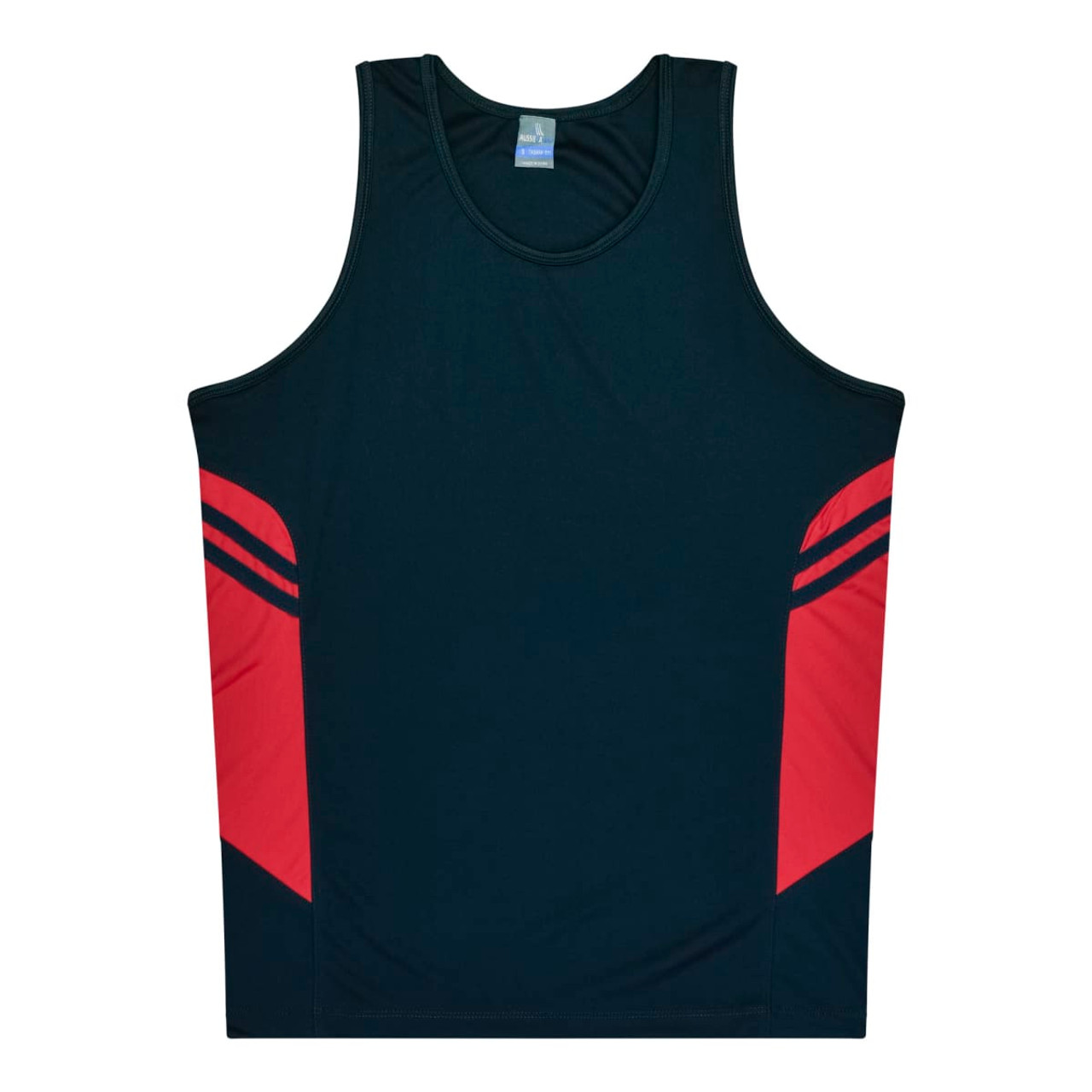 A men's singlet in dark blue with red accents and a logo.