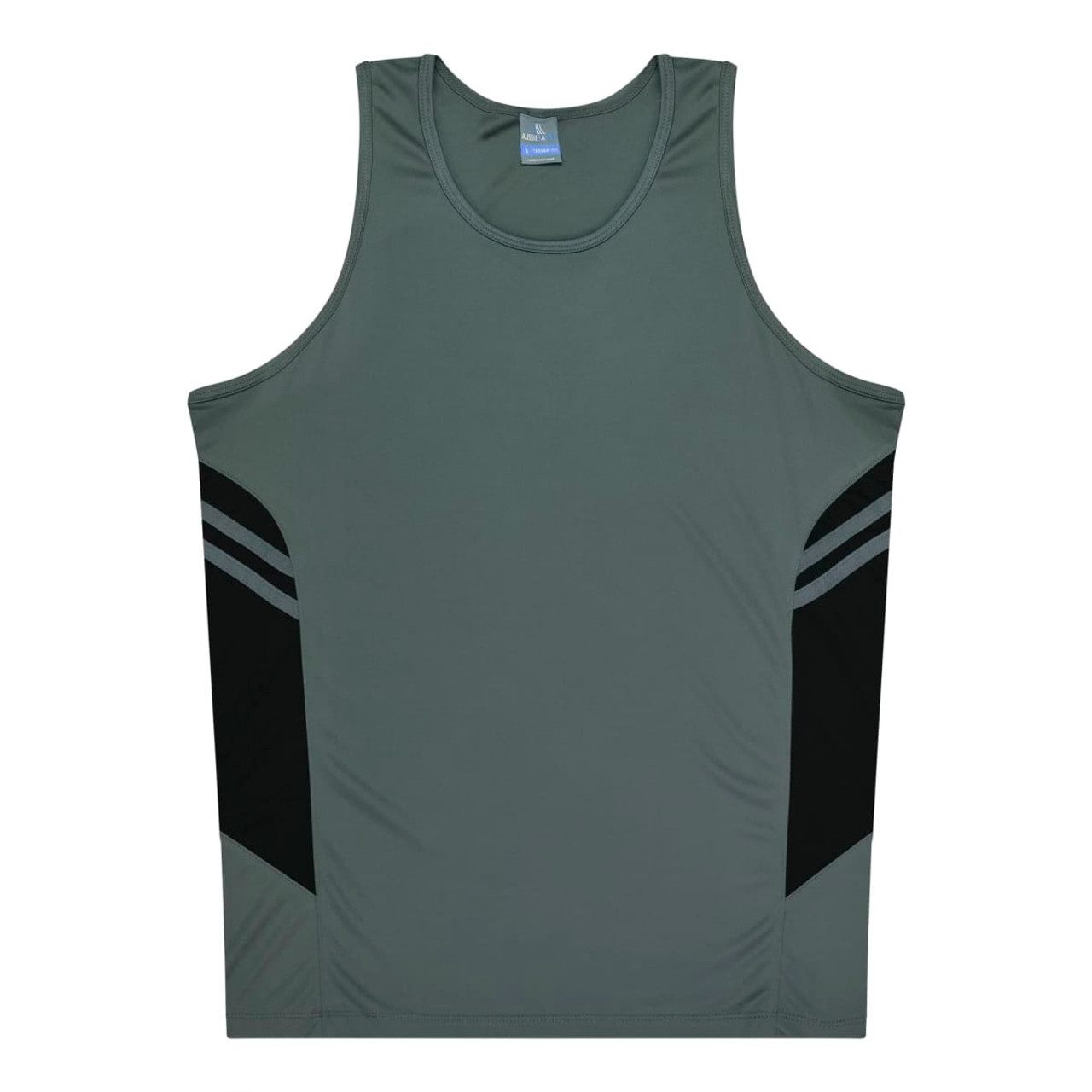 A grey singlet with black side panels and stripes, featuring a branding logo.