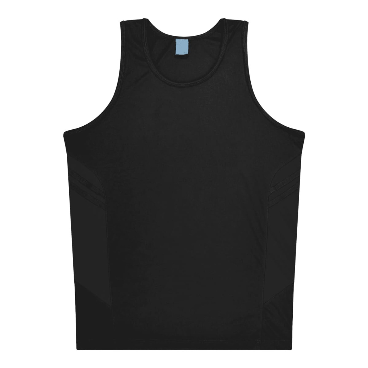 A black singlet featuring a simple design with mesh panels and a logo.