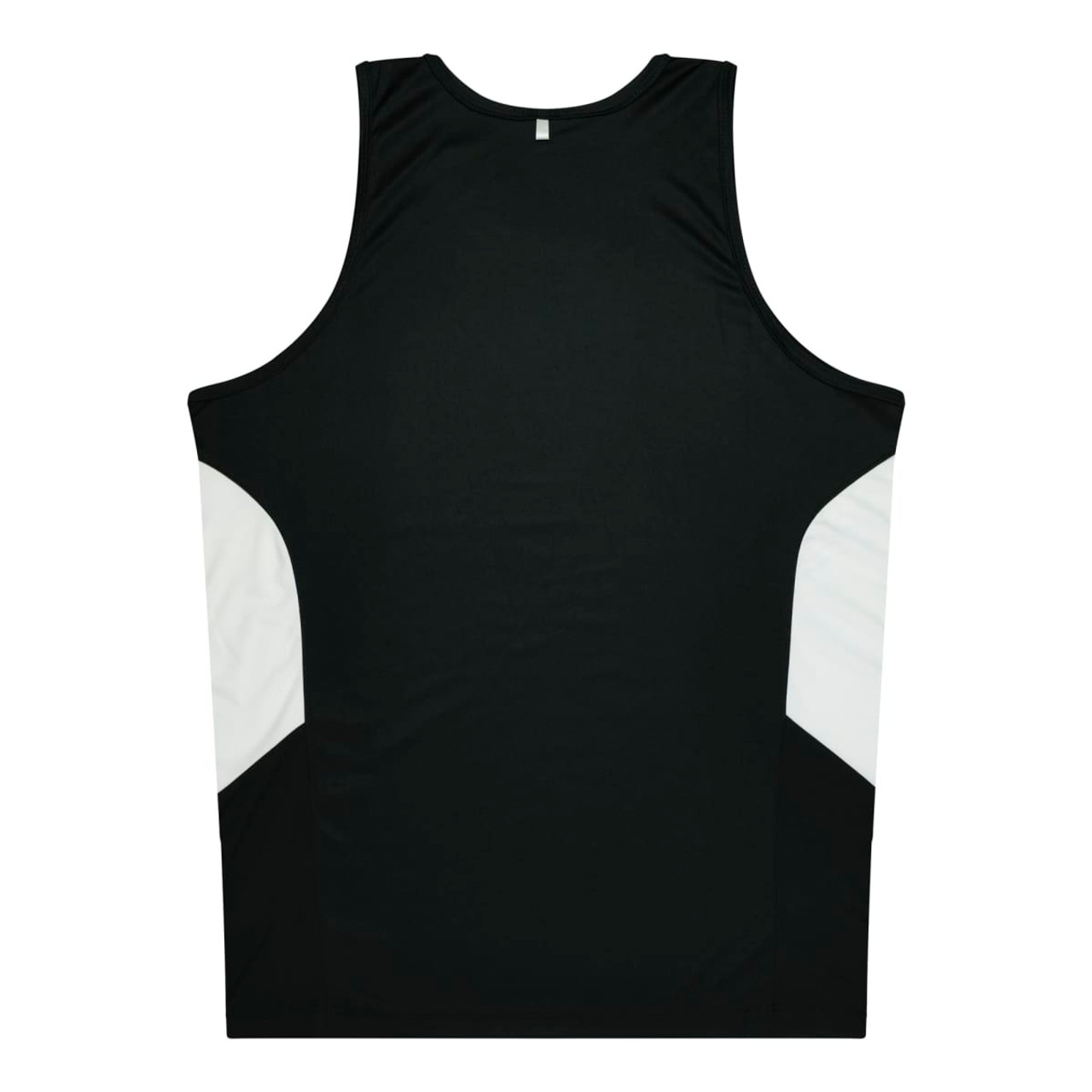 A black singlet with white side panels and a logo at the back.