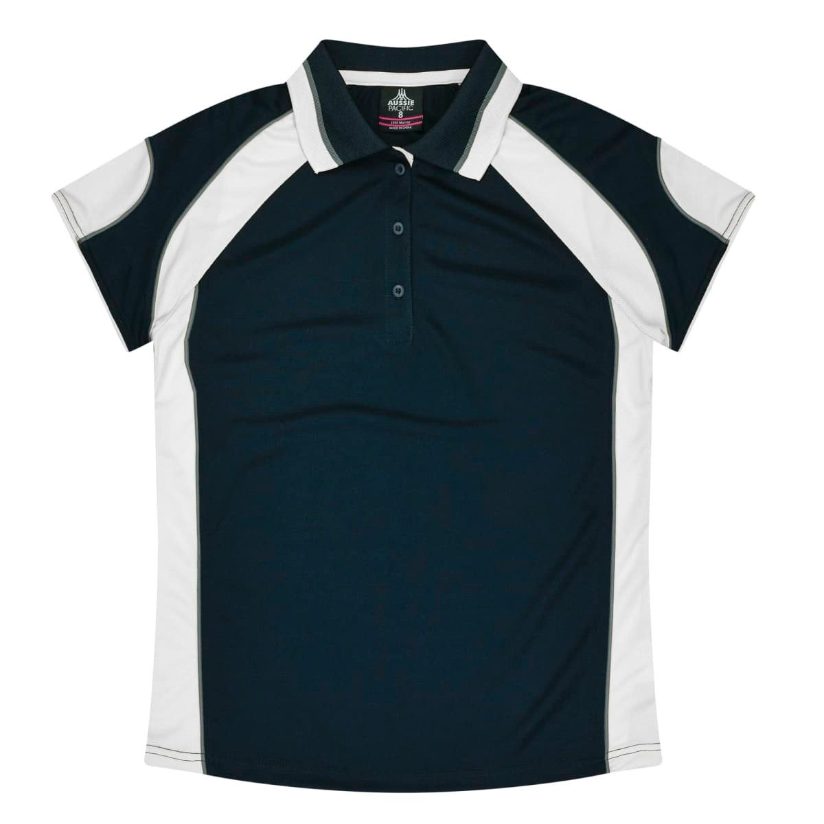 A dark green and white polo shirt with a collar, featuring a logo on the chest.