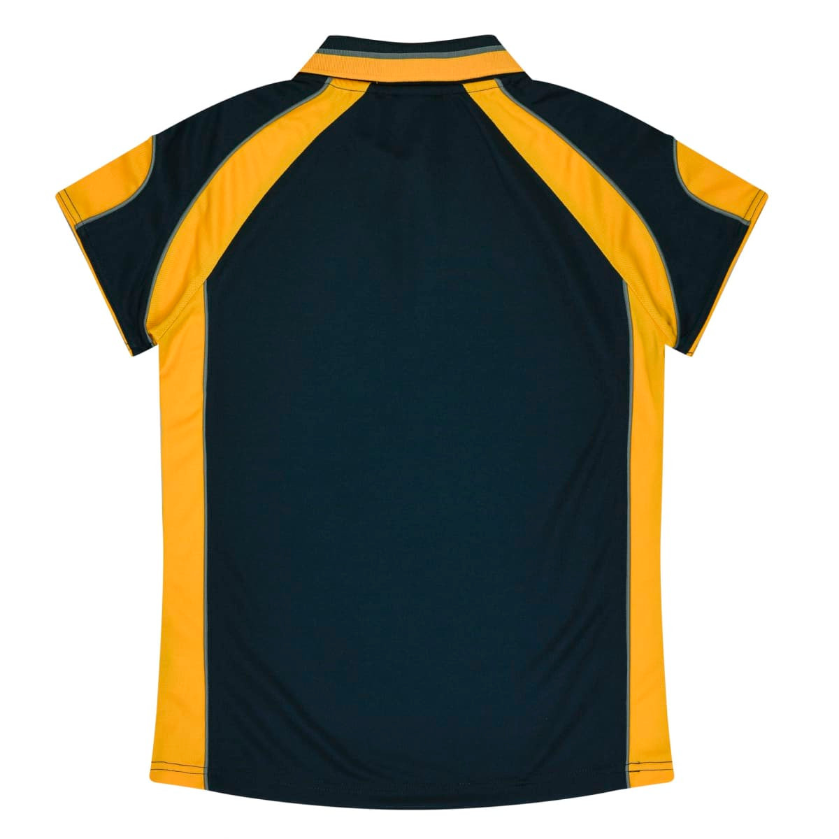 A dark green and yellow women's polo shirt with a sporty design and a logo on the back.