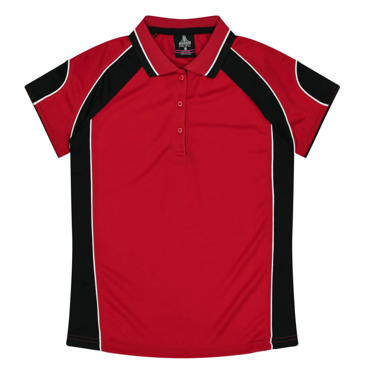 A red polo shirt featuring black accents and a logo. It has a collar and a buttoned placket.