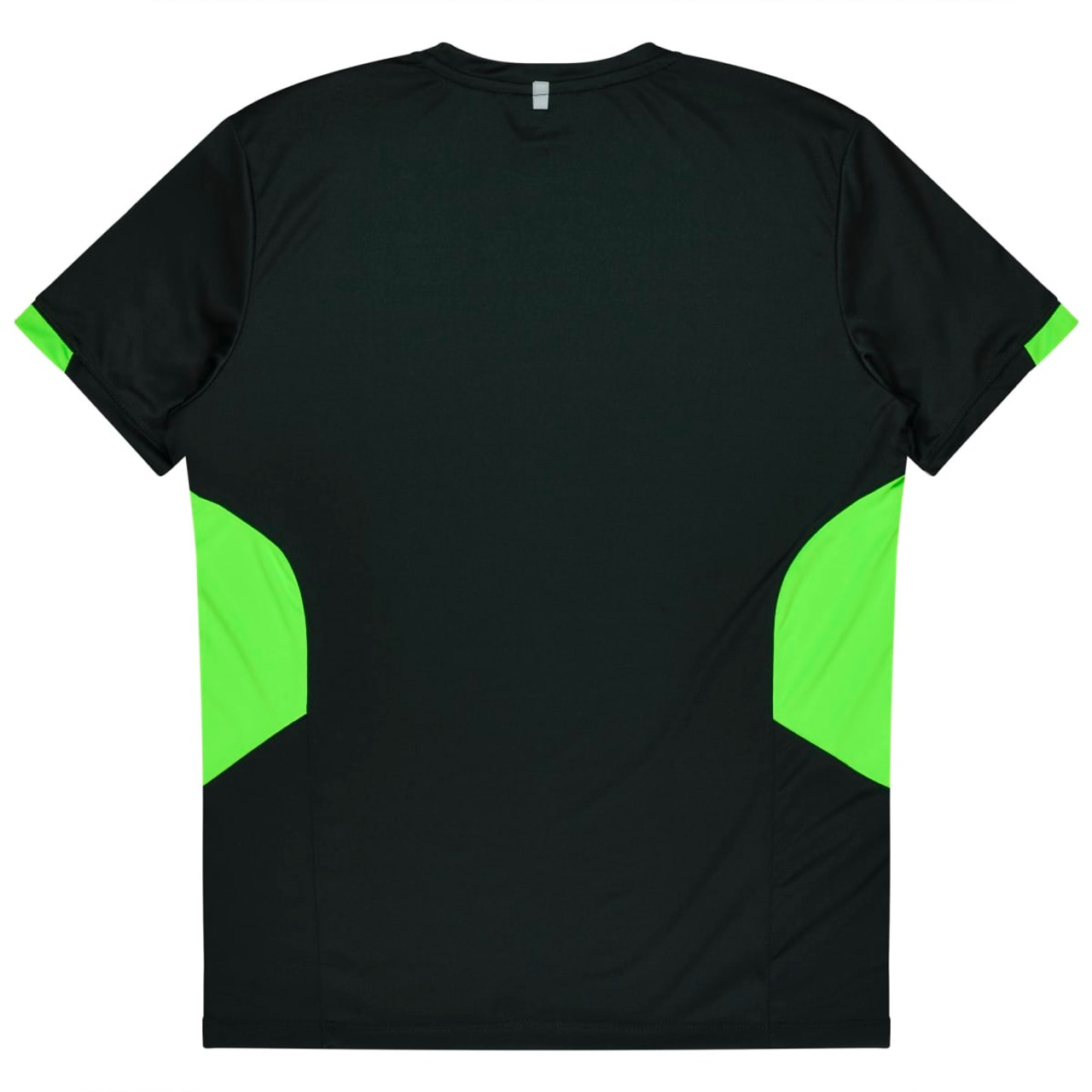 A black T-shirt with vibrant green side panels and a logo. The back is plain and features a round neckline.