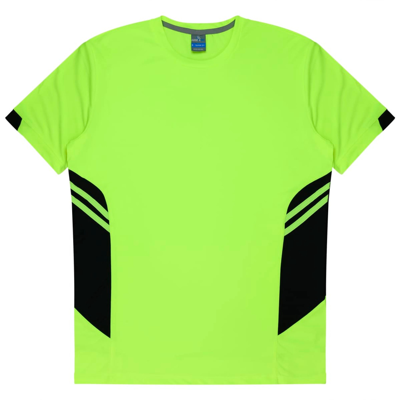 A bright neon yellow t-shirt featuring black accent stripes on the sides and a logo on the neckline.