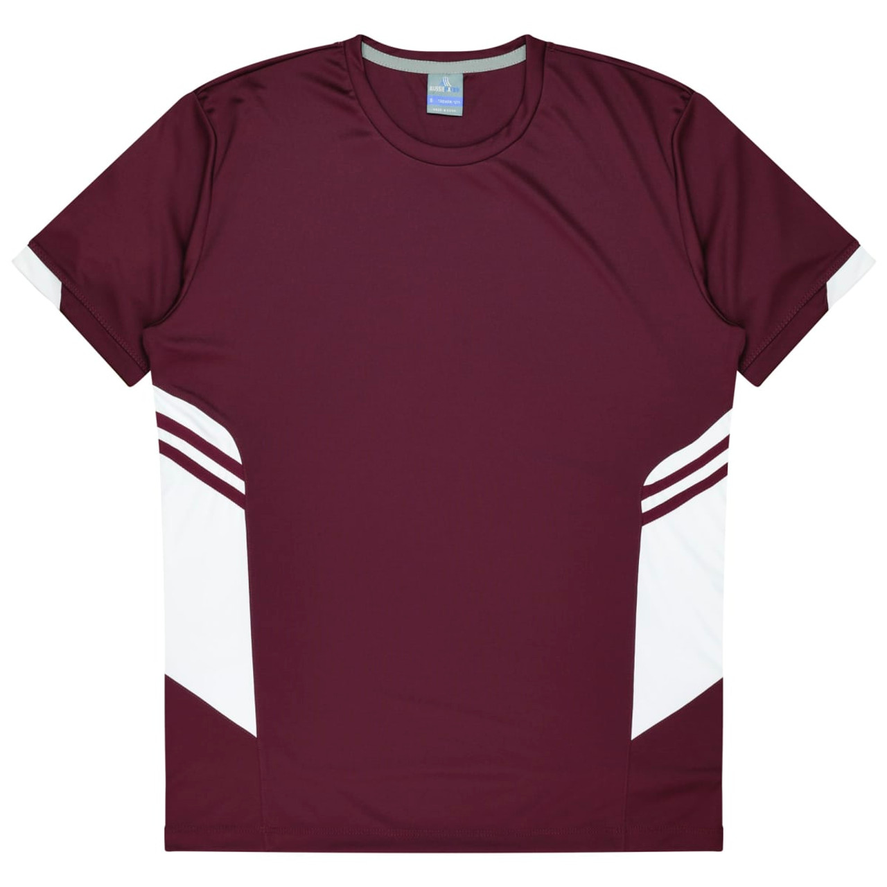 A maroon T-shirt with white panels and a logo. Suitable for kids, featuring a sporty design.