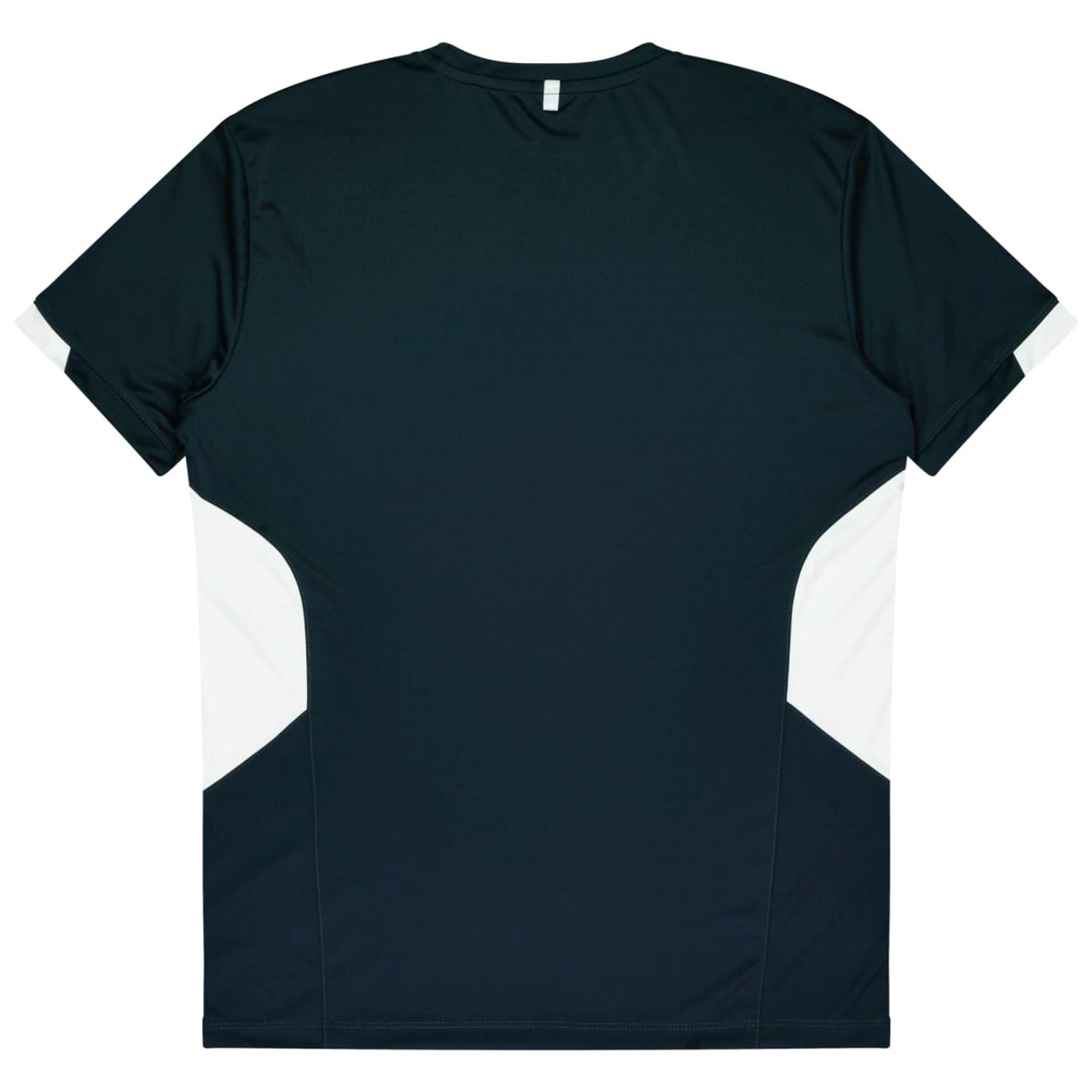 A dark green T-shirt featuring white detailing on the sides, with a logo on the back.