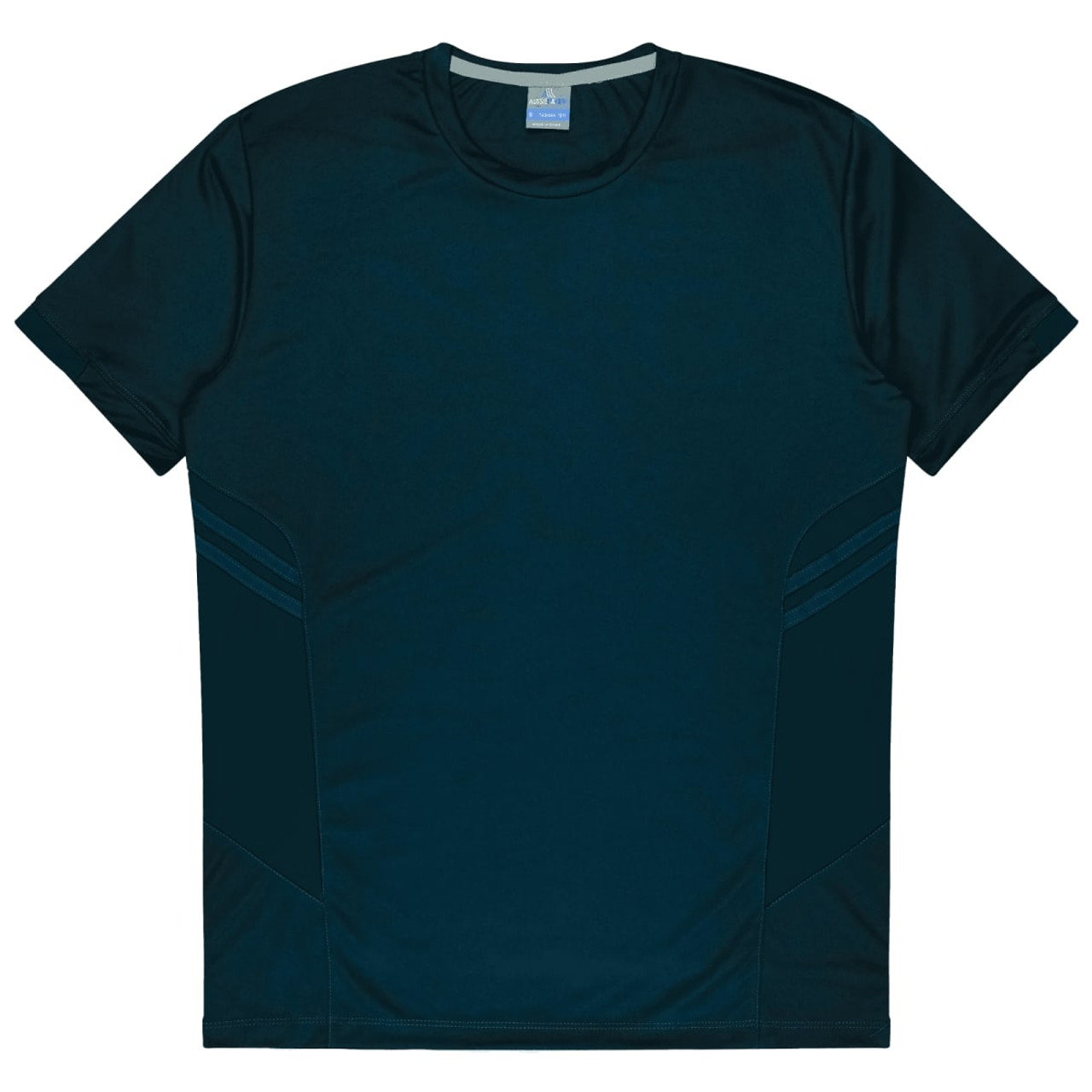 A dark green T-shirt featuring a logo, with contrasting side panel details. Suitable for kids.