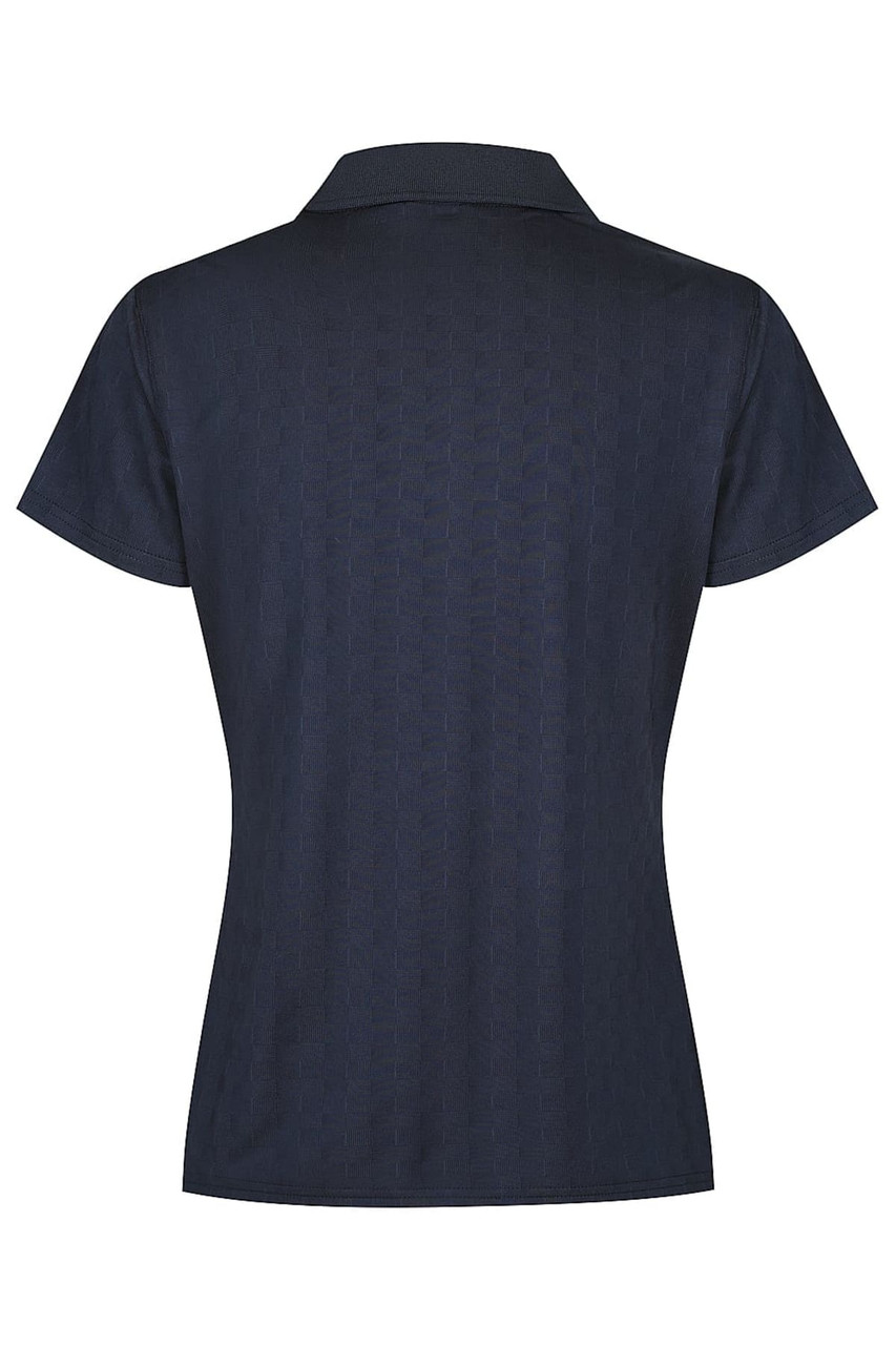 A navy blue polo shirt with a textured pattern and a classic collar; features a branding logo.