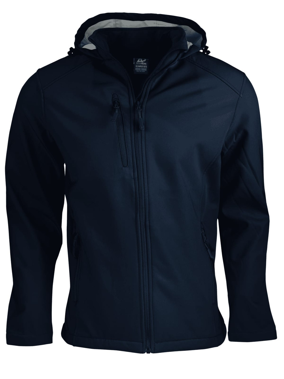 A navy soft shell jacket with a hood, featuring a zippered front and side pockets. It has a branded logo.