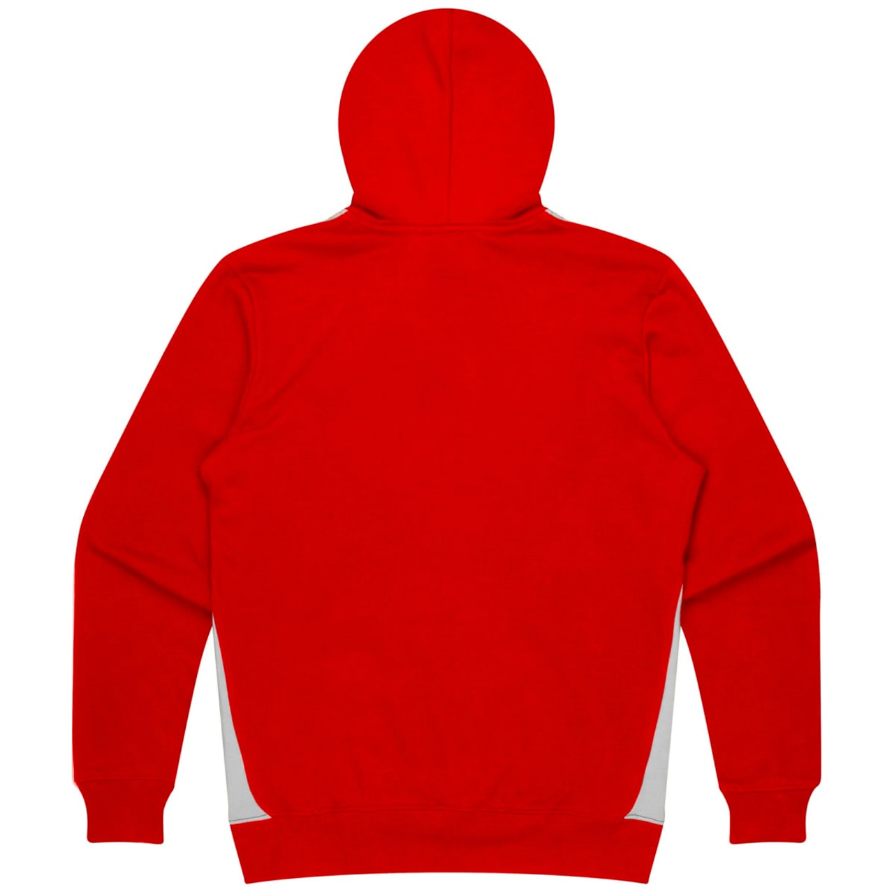 A red hoodie featuring a hood and contrasting side panels. Includes a logo on the back.