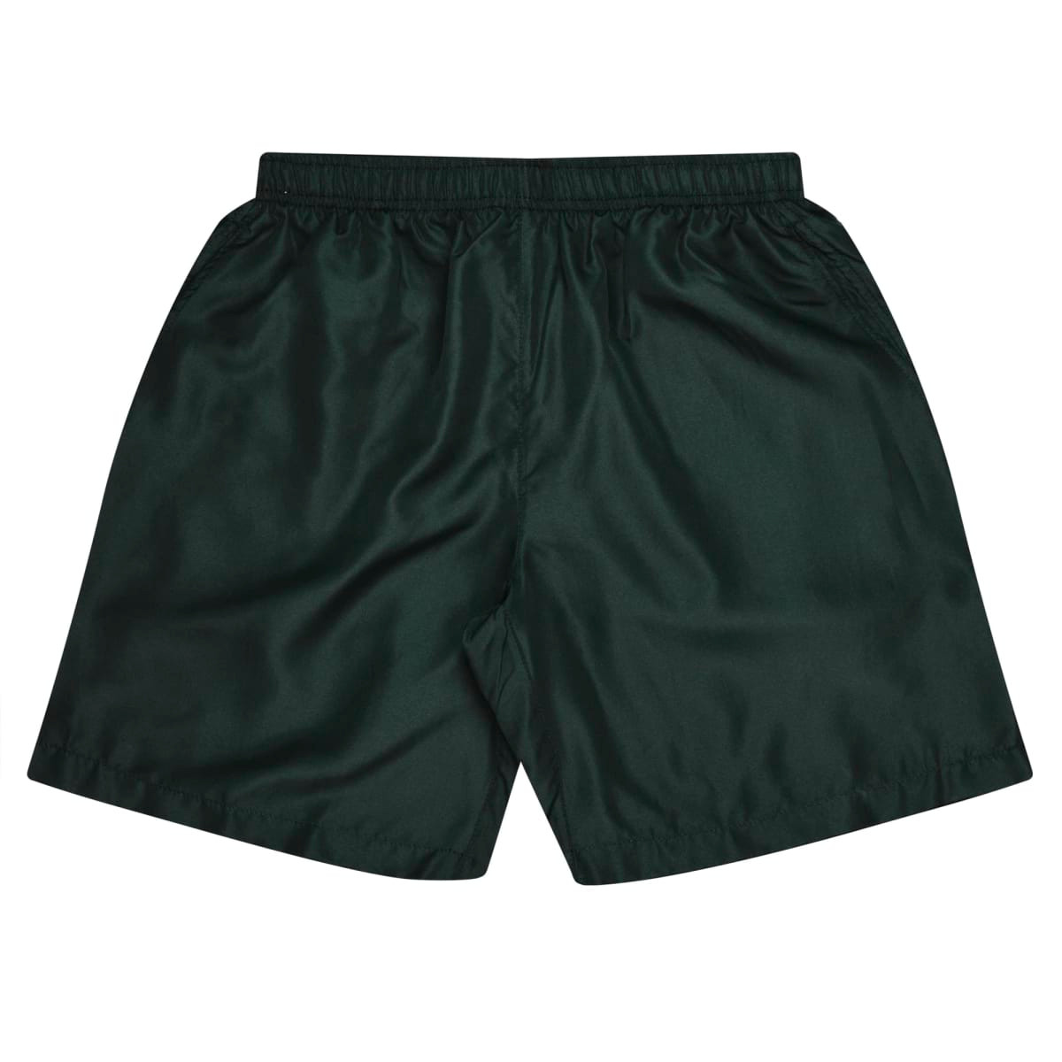 A pair of dark green sports shorts featuring an elastic waistband and a smooth finish.