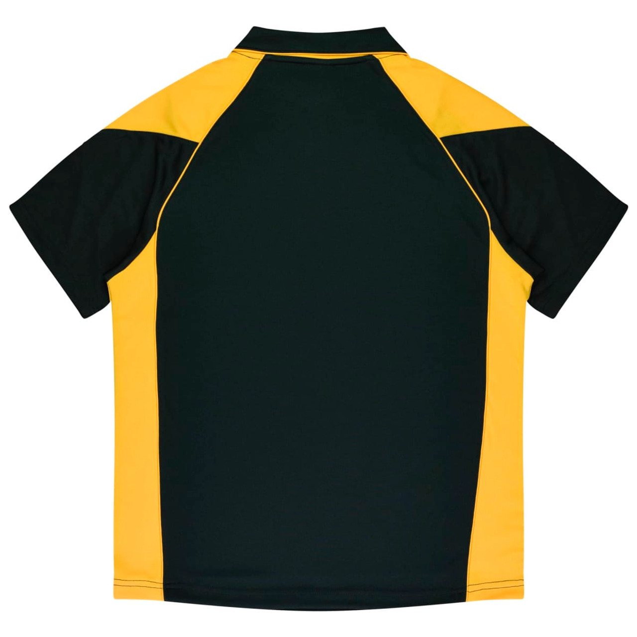 A polo shirt featuring green and yellow panels, designed for kids, with a logo on the front.