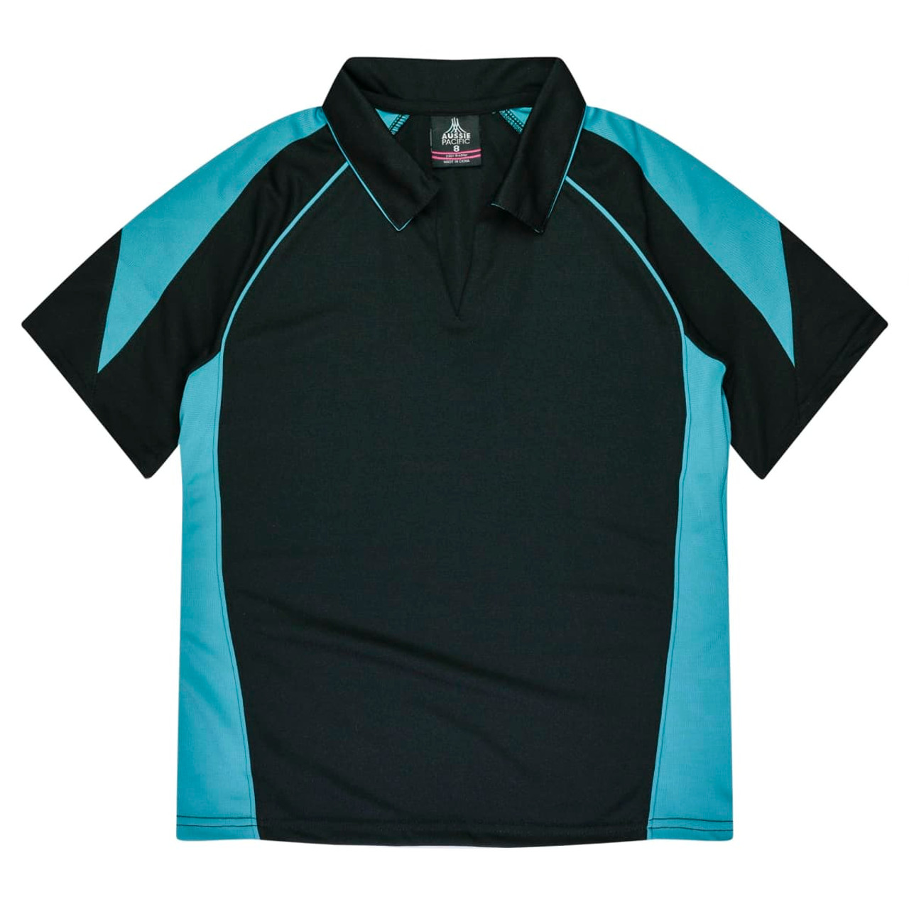 A black and teal polo shirt with a collar and a logo on the neck area. The shirt features contrasting side panels.