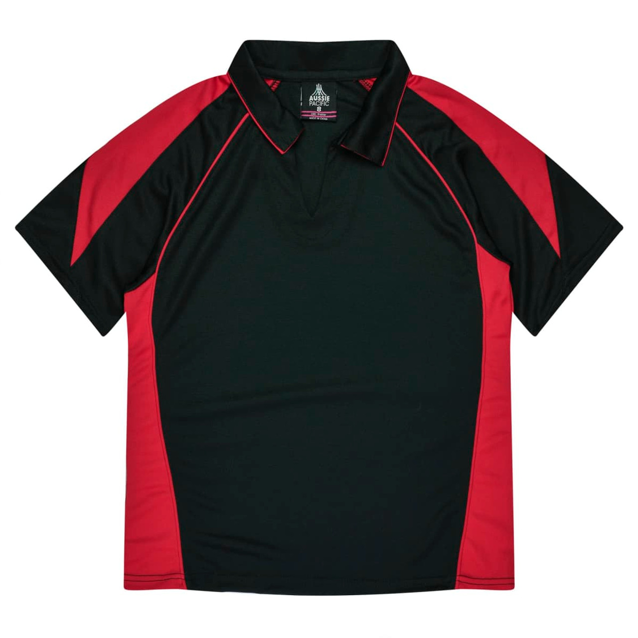 A polo shirt featuring a black body with red accents and a collar, designed for women. It has branding on the tag.