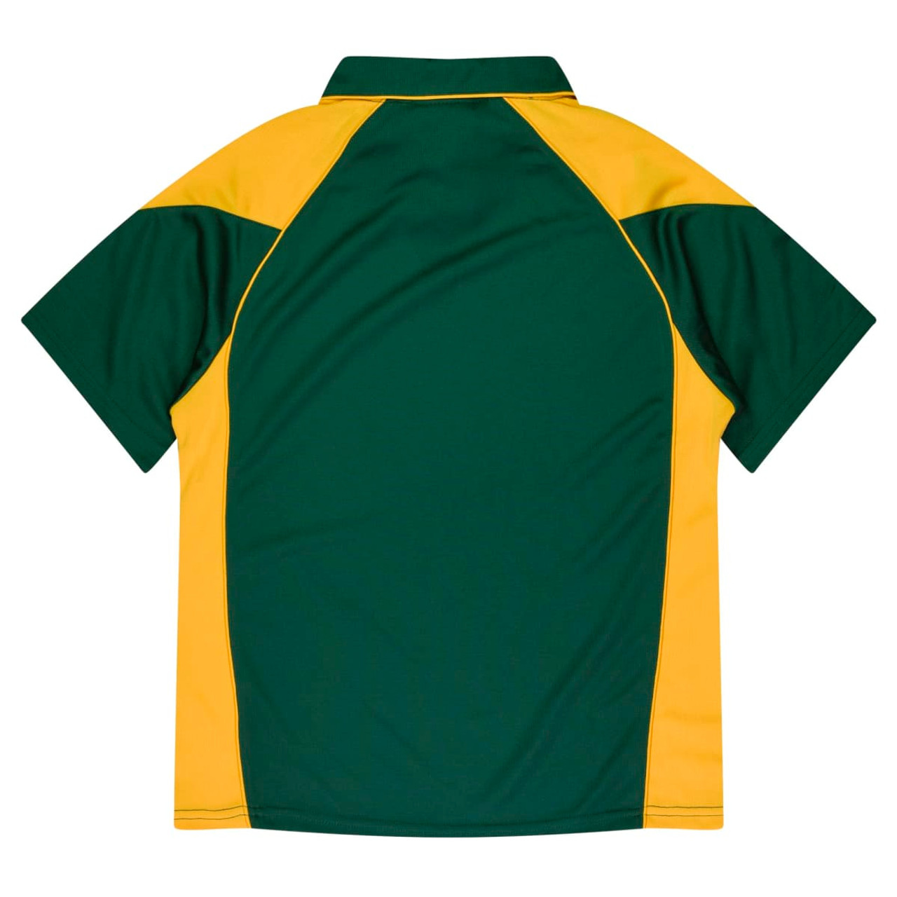 A polo shirt featuring a green and yellow design, with a classic collar and short sleeves. It has a logo on it.