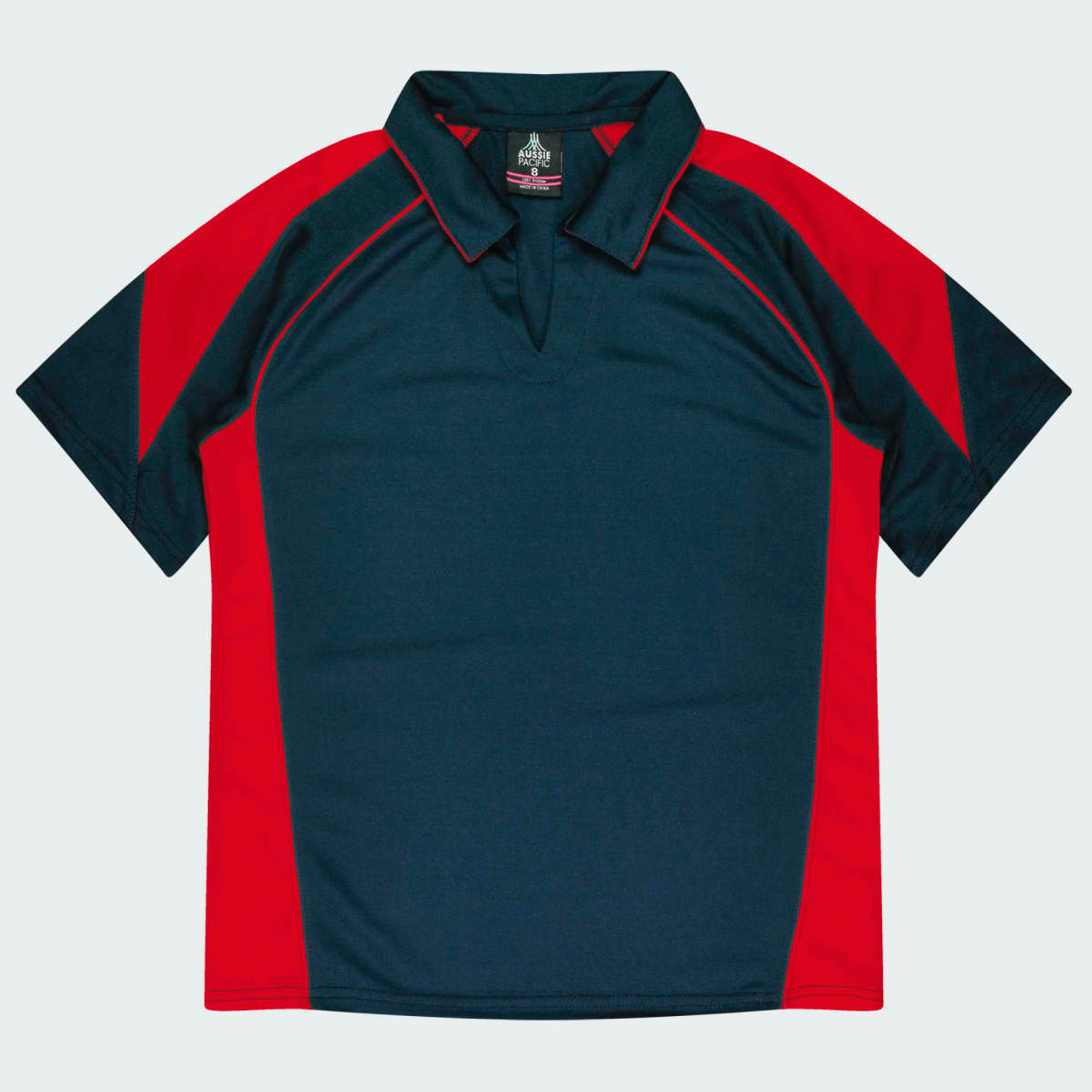 A polo shirt featuring navy and red colours with a logo on the collar area.