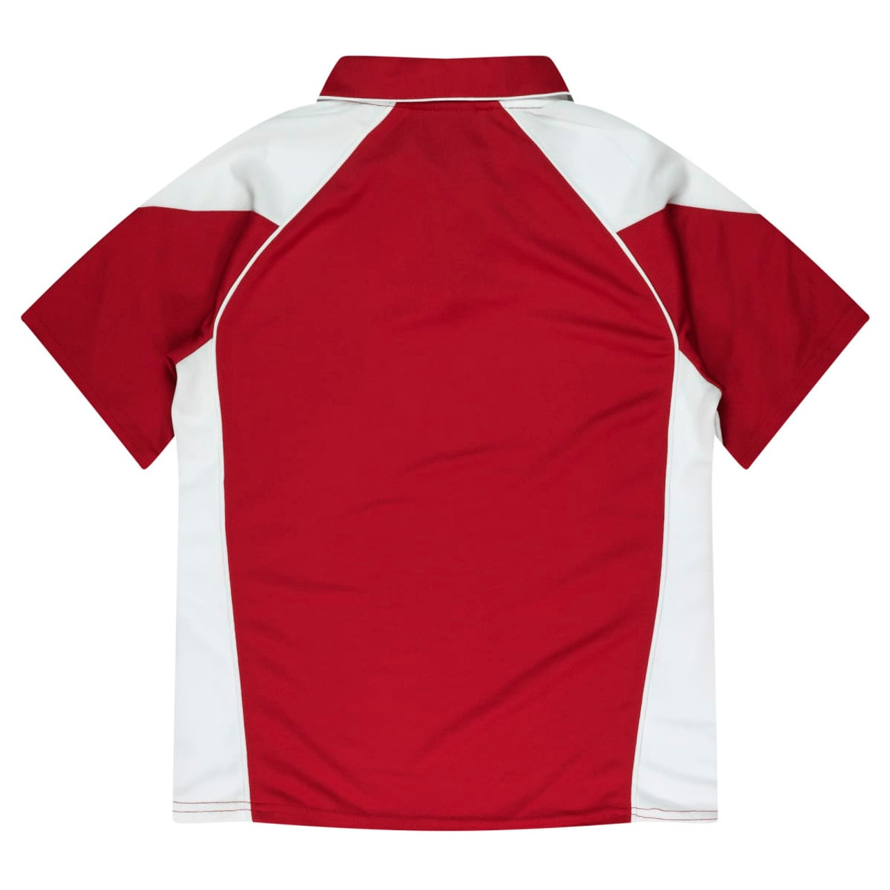 A polo shirt featuring a maroon body with white sleeves and a collar, designed for women. It has a logo.