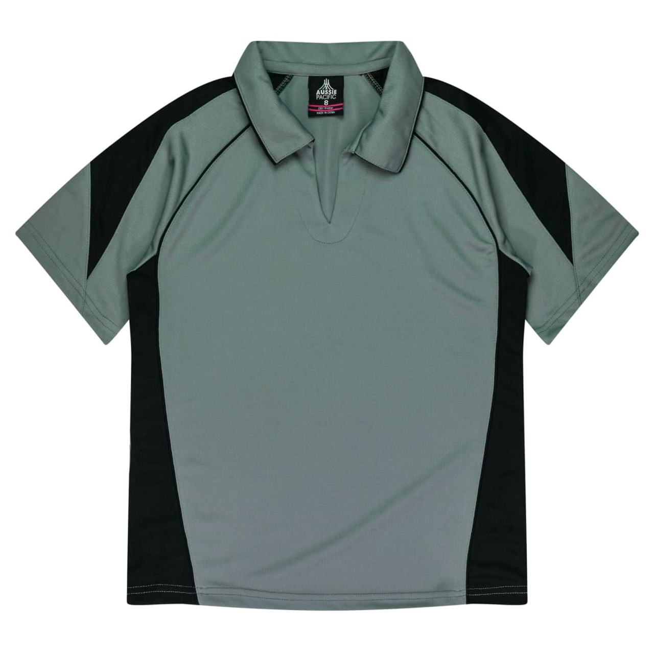 A grey and black polo shirt featuring a collar and short sleeves, with contrasting panels on the sides and shoulders.