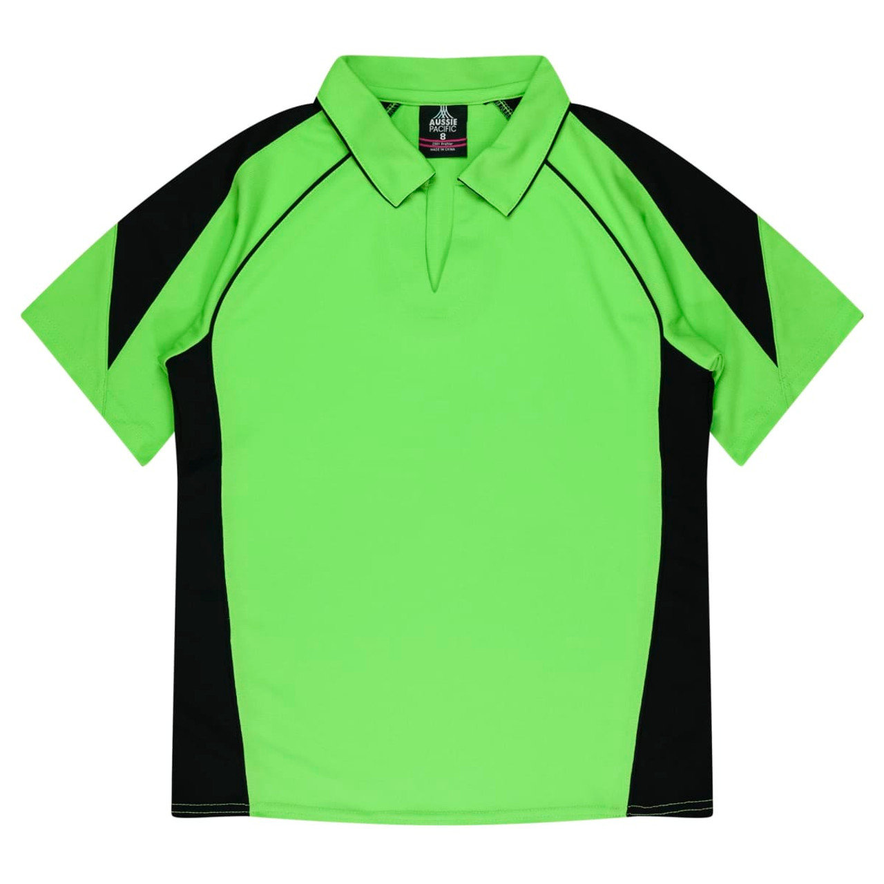 A green and black polo shirt featuring a collar and short sleeves, with a logo on the label.