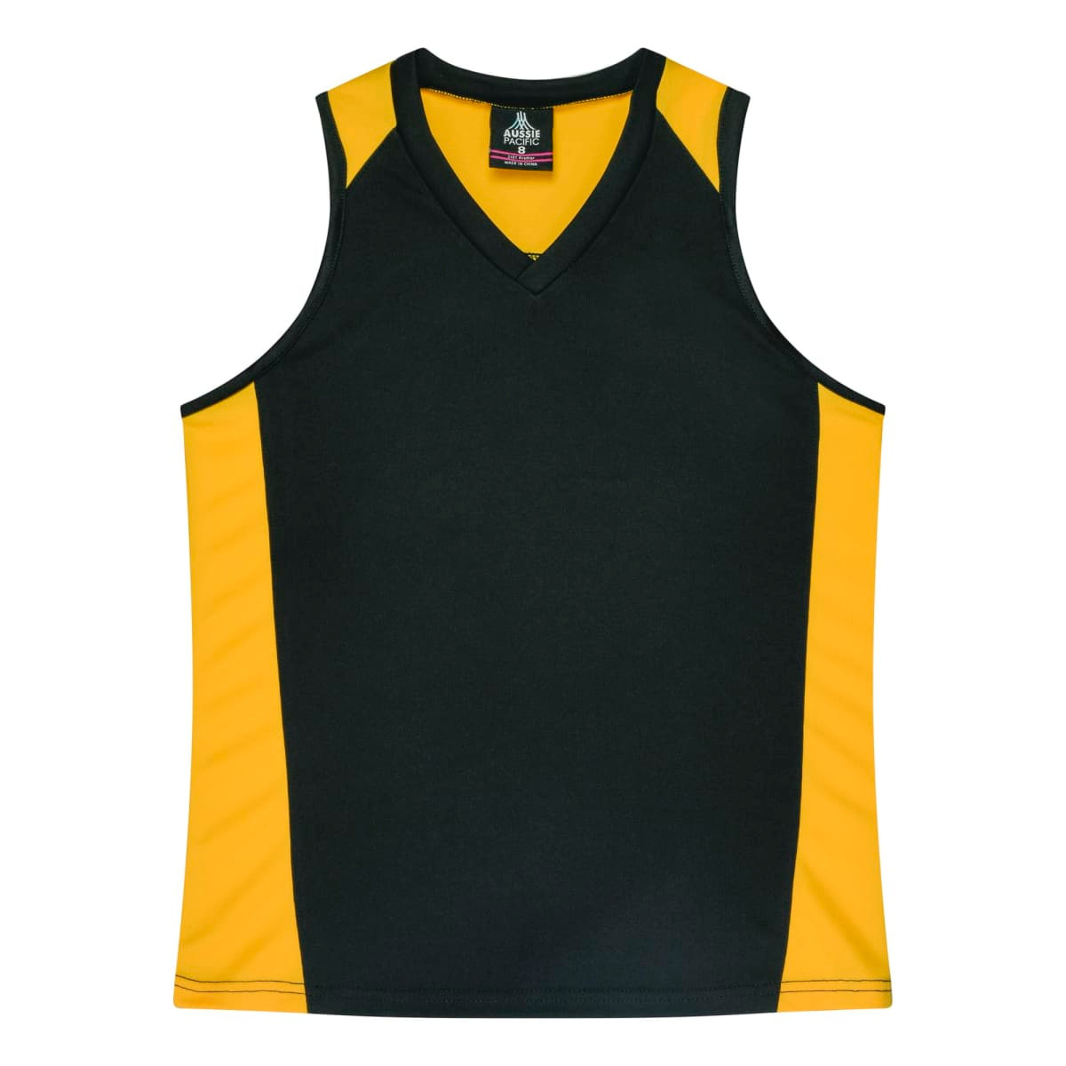 A green and yellow singlet featuring a v-neck design and contrasting side panels, with a brand logo.