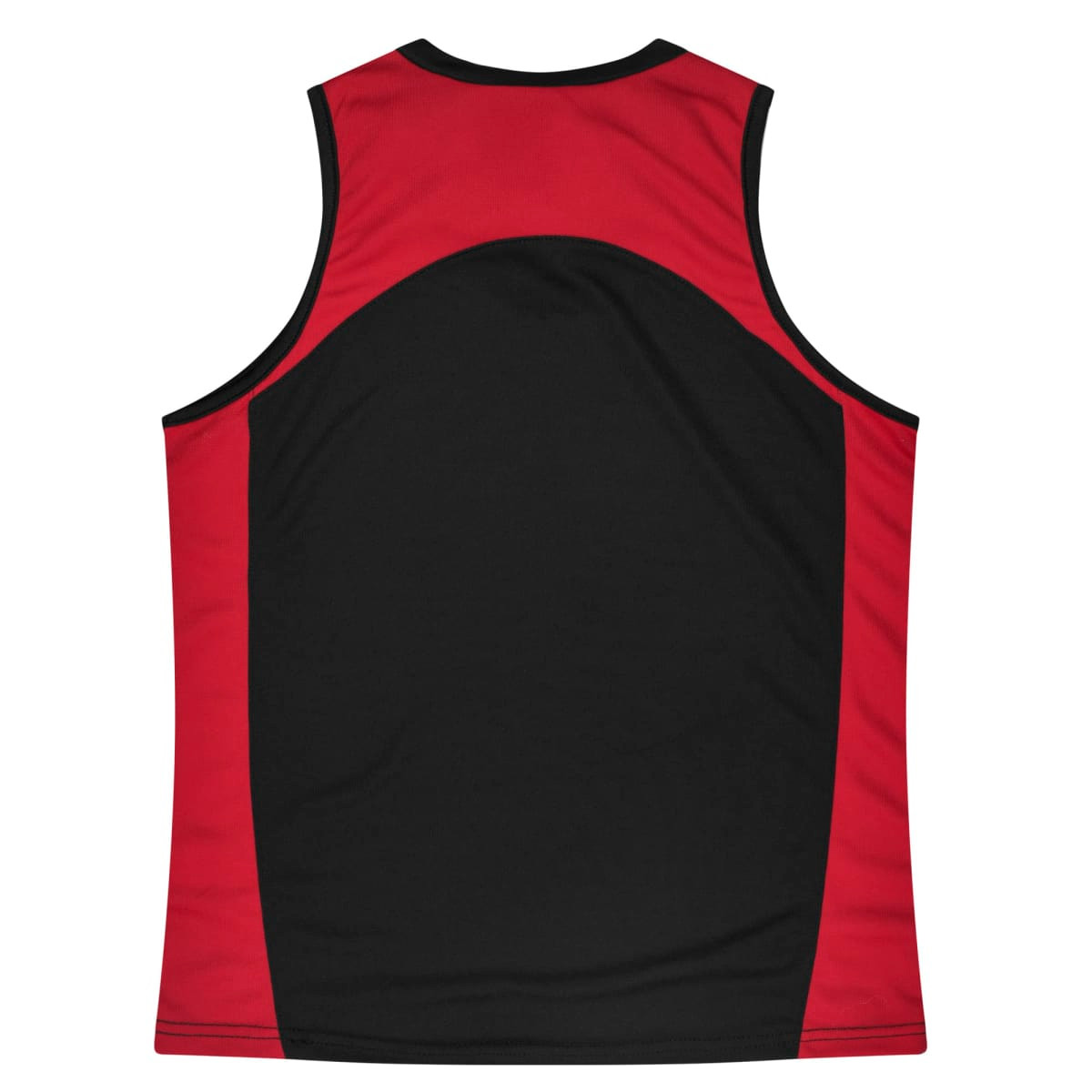 A red and black singlet with a curved design on the back and a small logo.