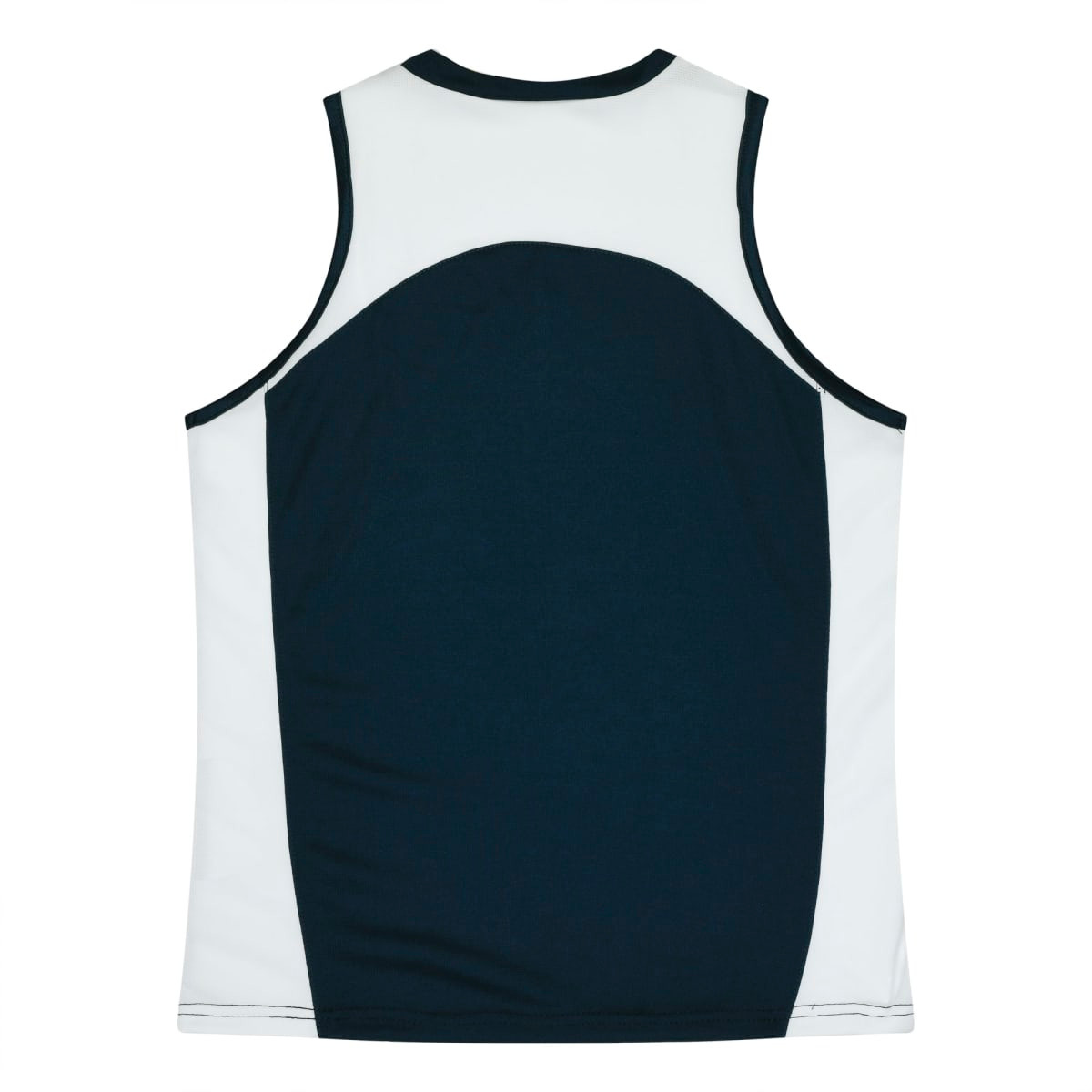 A sleeveless singlet featuring a navy blue and white design with a logo on the back.