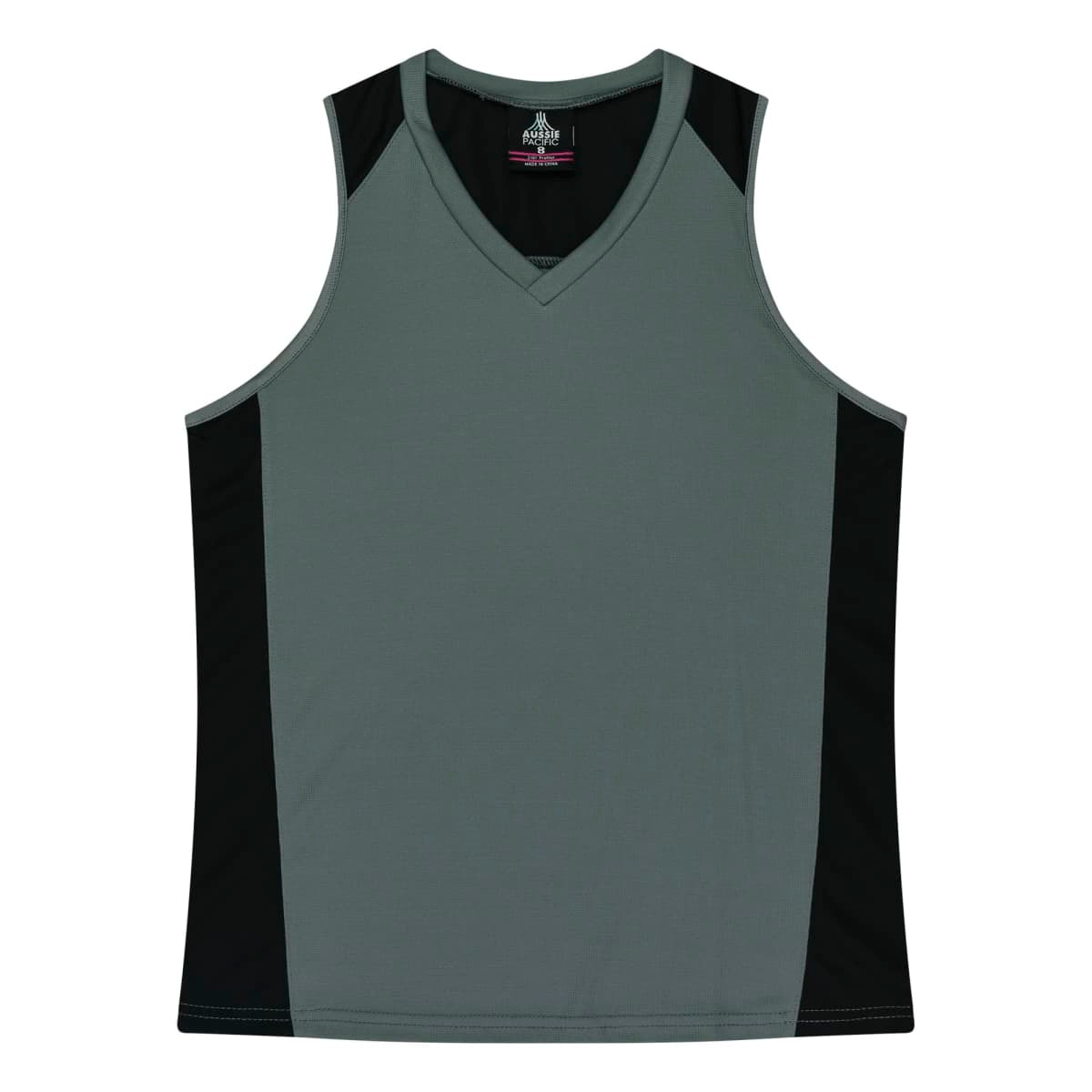 A grey singlet with black side panels and a v-neck design, featuring a logo on the inside label.