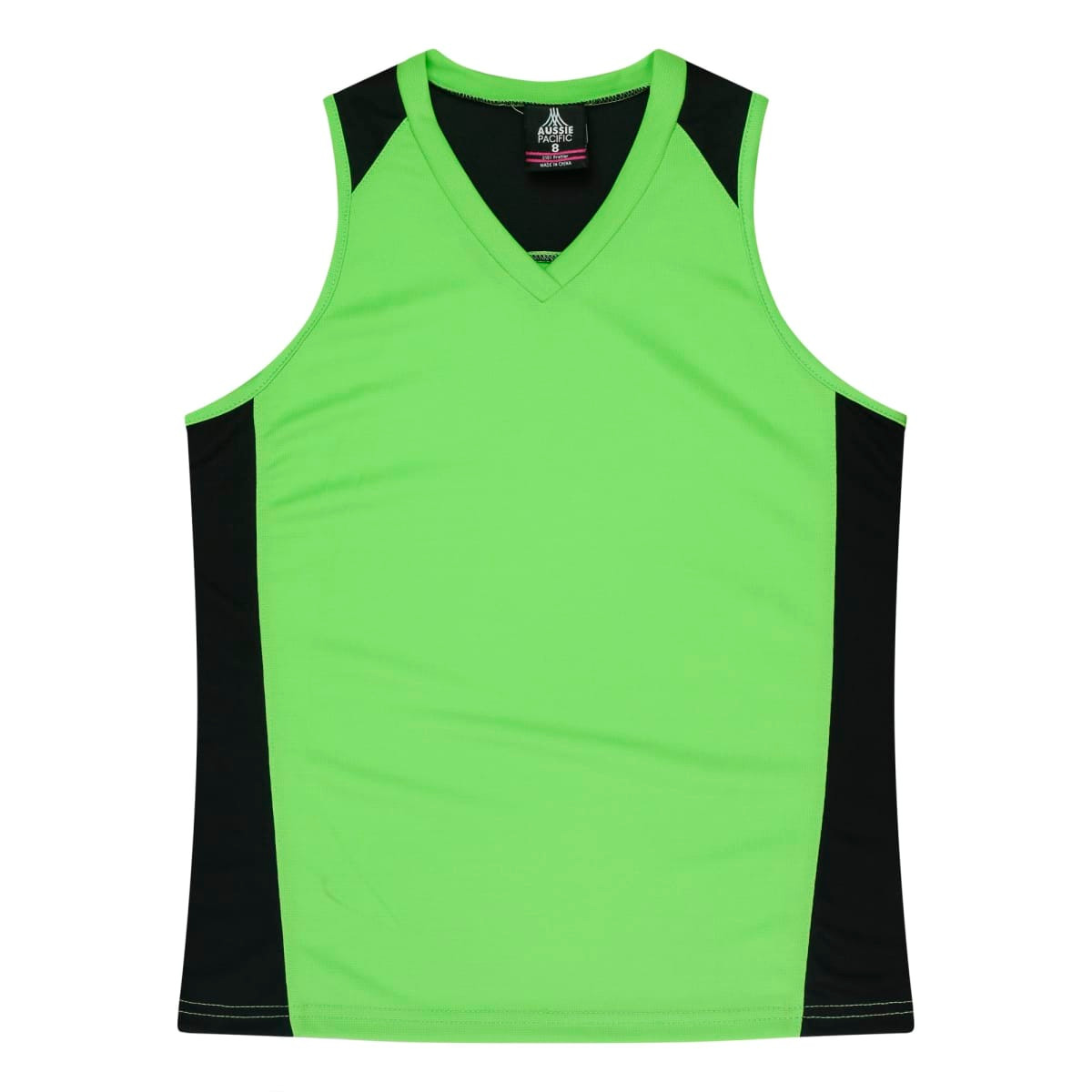 A green and black sleeveless singlet with a v-neck design. It features a logo on the upper back.