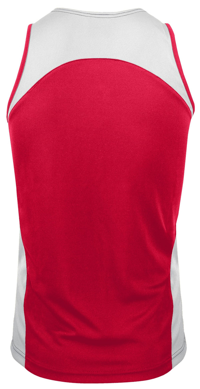 A red and white men's singlet with a contrasting design and a logo. Suitable for active wear.