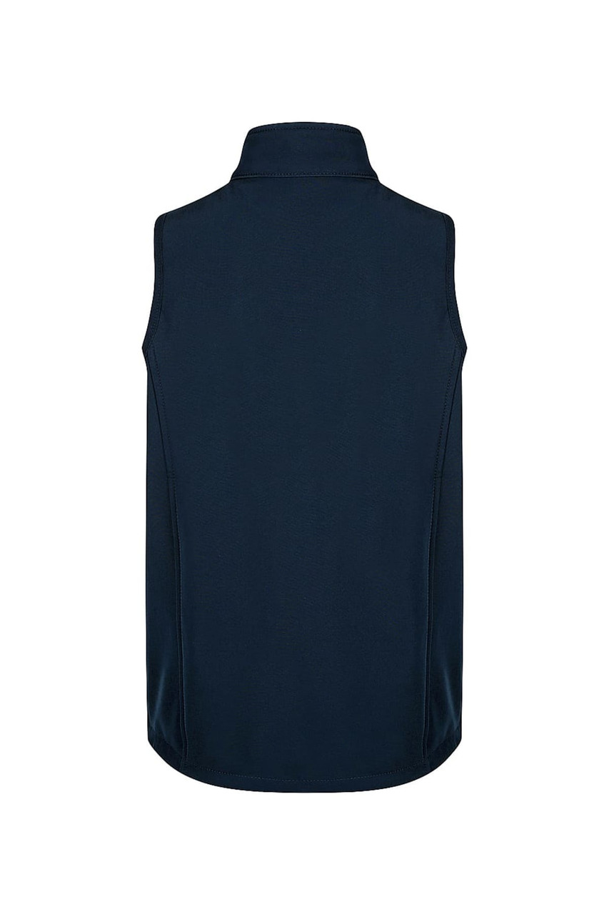 A dark blue kids' vest with a high collar, featuring a logo on the back.