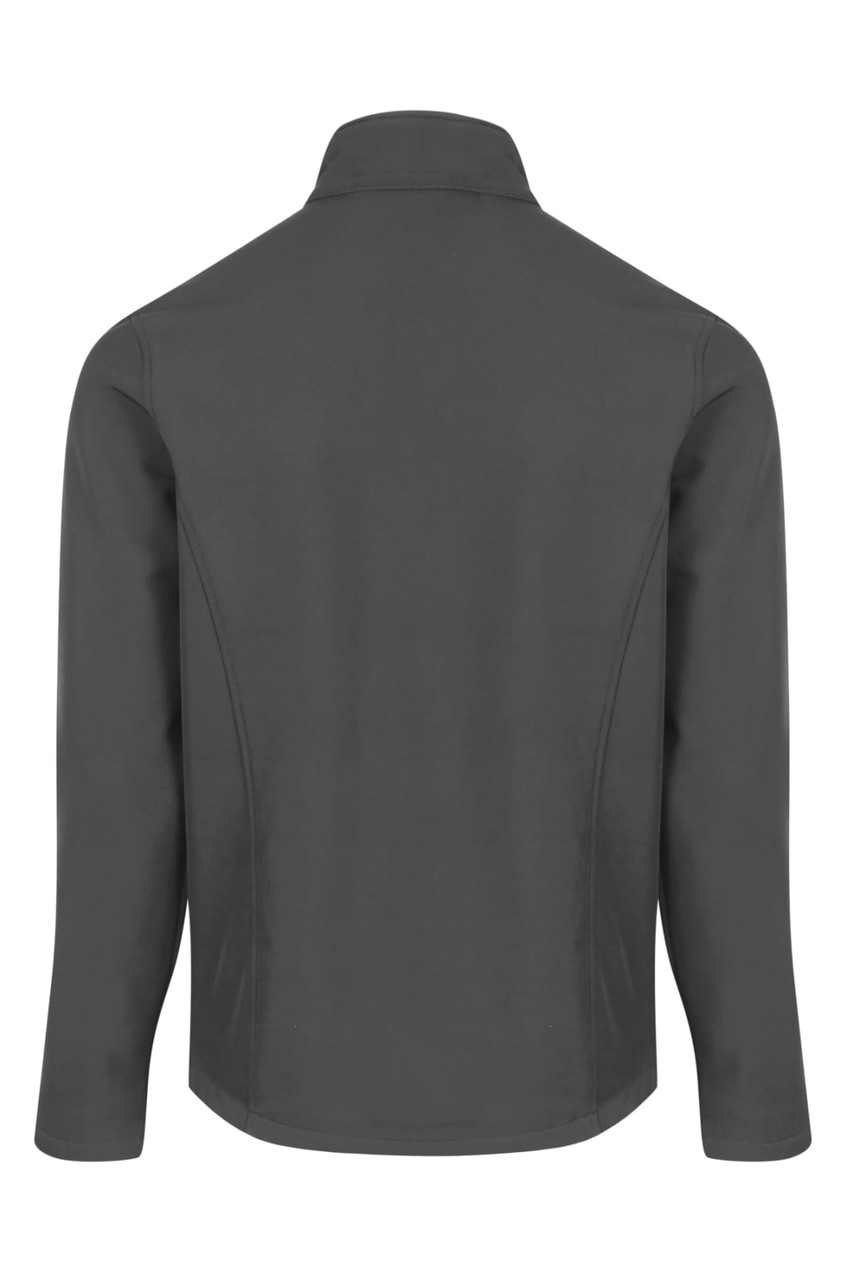 A soft shell jacket in dark grey, featuring a clean design and a collar, with a branding logo.