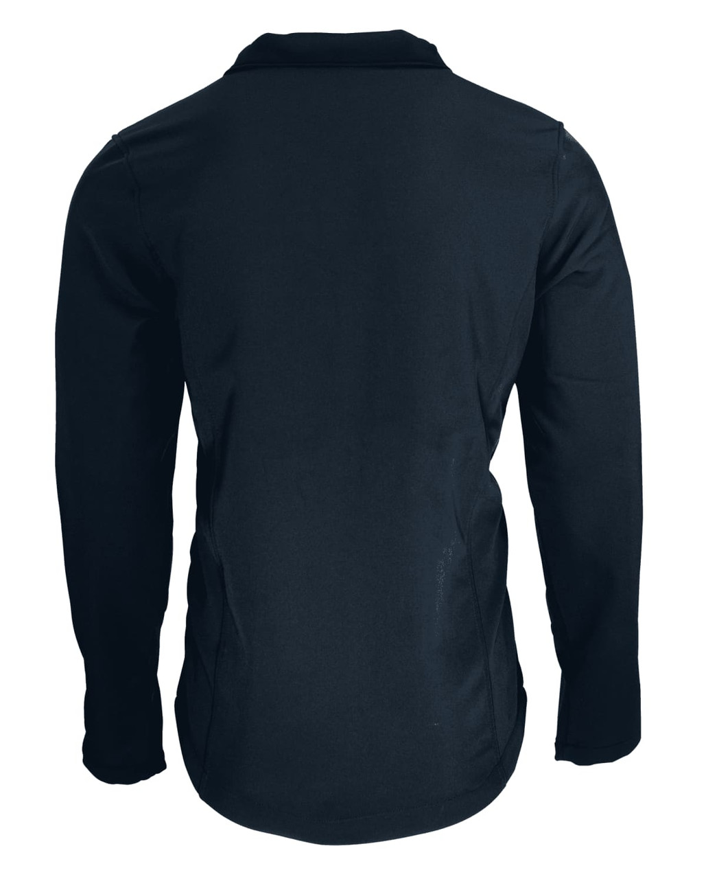 A black soft shell jacket with long sleeves and a back view. The item features a logo.