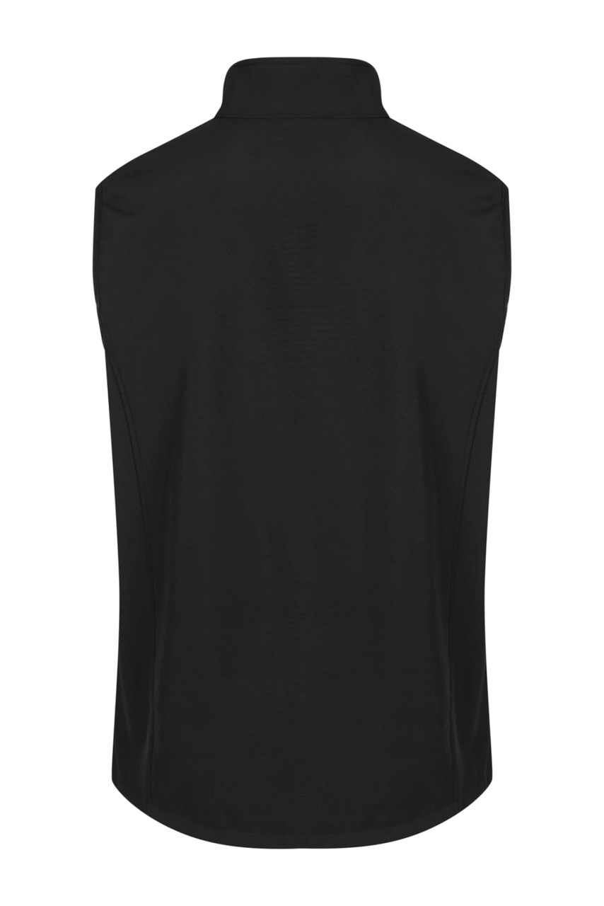 A black sleeveless vest featuring a collar and a smooth texture. The vest has a logo on the back.